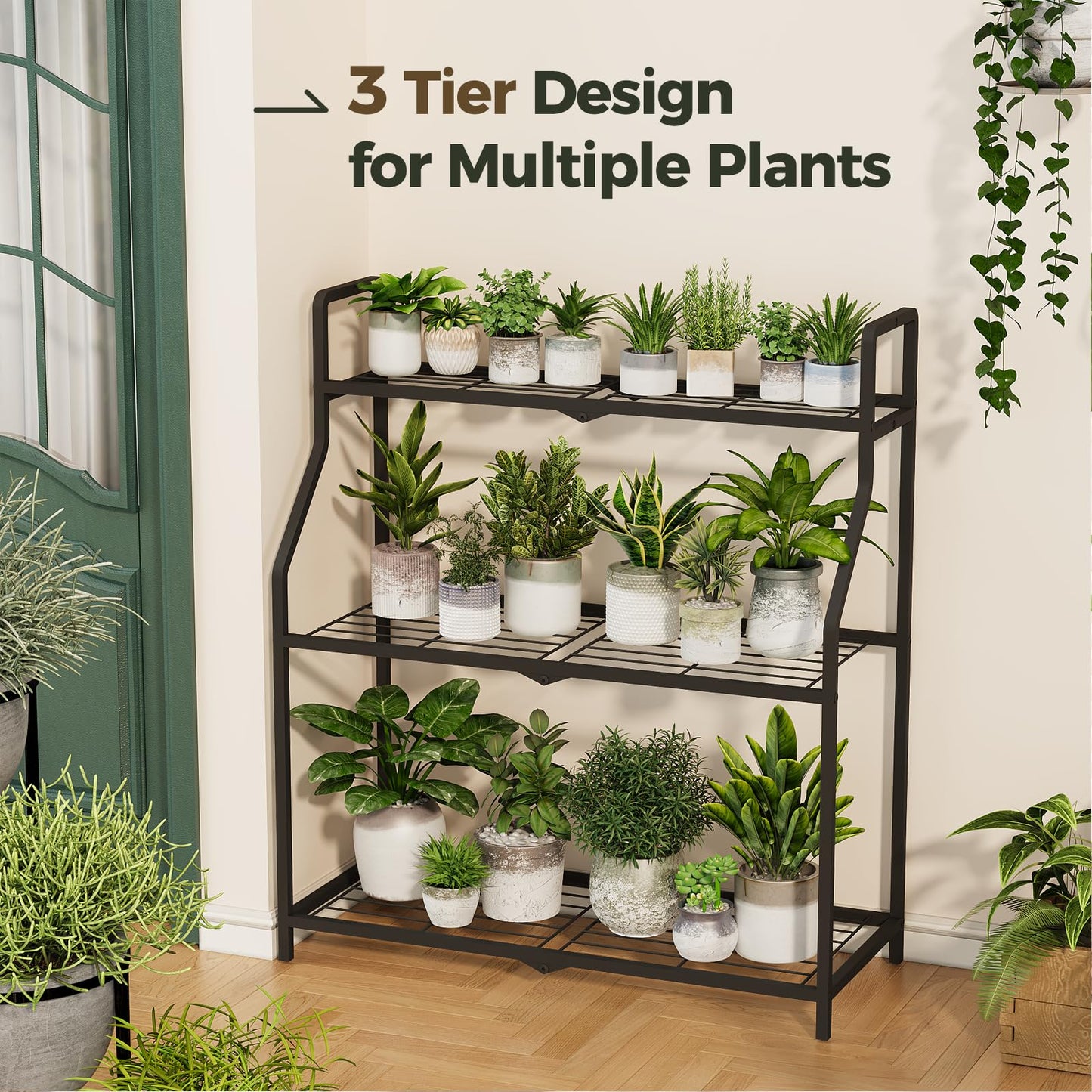 Bamworld Metal Plant Stand Indoor Outdoor, 3 Tier Plant Shelf for Multiple Plants, Large Heavy Duty Flower Pot Stands for Patio Garden Balcony Living Room Bedroom