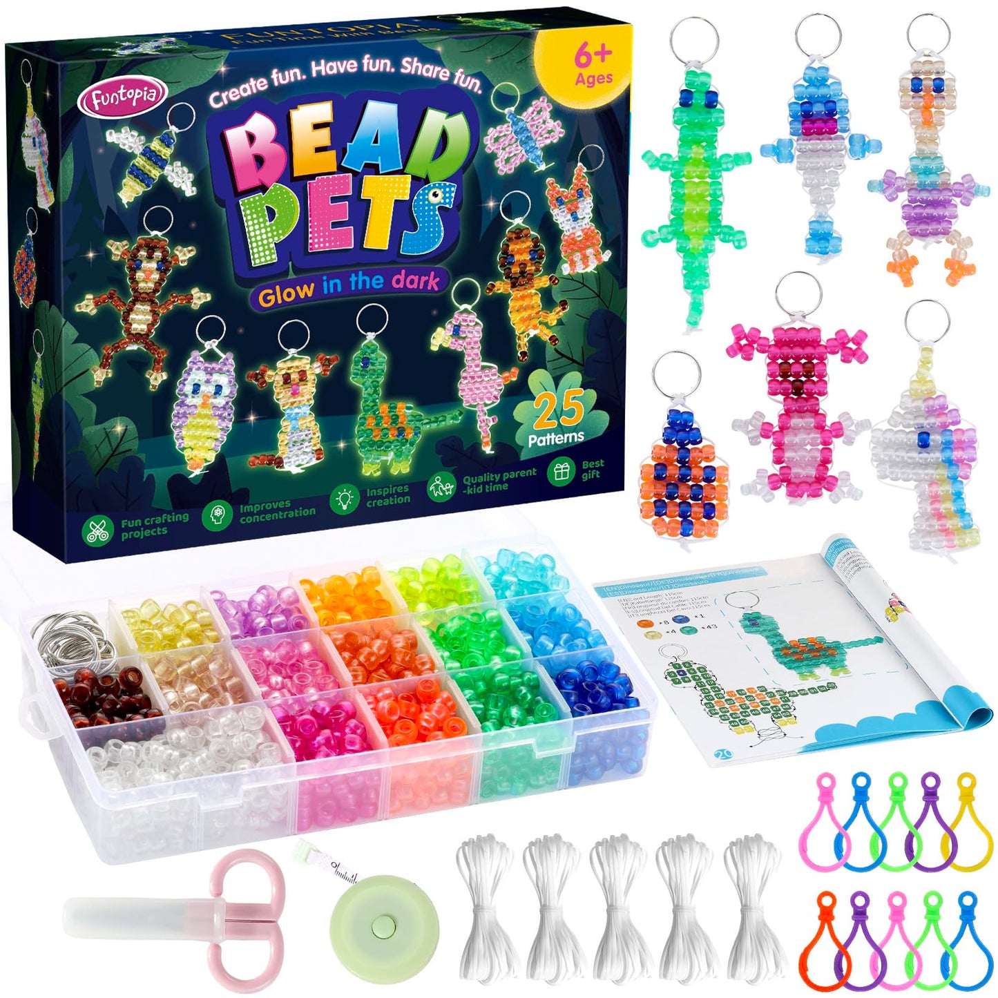 Funtopia Pony Beads Kit, Glow in the Dark Bead Pets for Kids Beginners, Includes Instructions for 25 Animal Designs and Storage Box, Kids Craft Kit for Rainy Day Group Activities