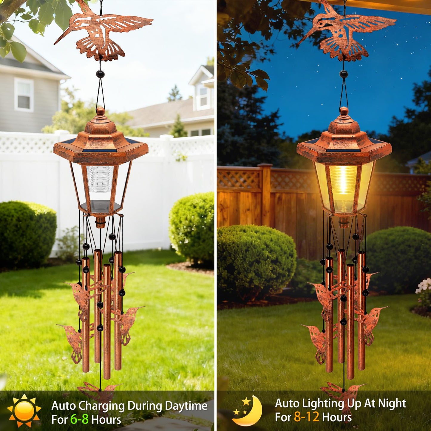 Large Solar Hummingbird Wind Chimes, Gifts for Women Mom Grandma Wife Sister Daughter Neighbor, Classic Bronze Wind Chimes with Wind Catcher, Solar Decor Lights for Outdoor Garden Patio Porch Window