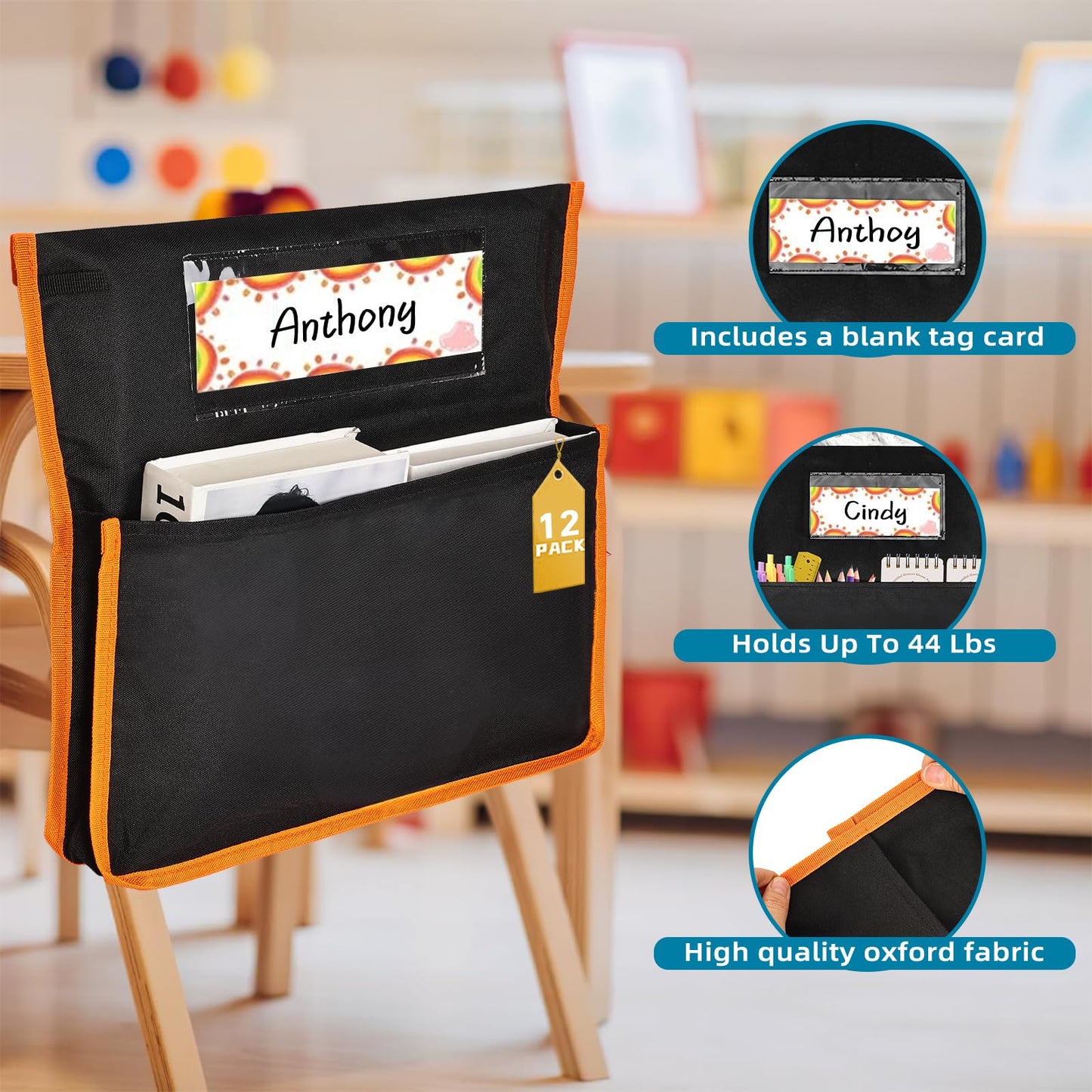 Runpig 12 Pcs Classroom Chair Pockets, 17 x 15 inch, Seat Sacks for Classroom Chairs, Buddy Pocket, Chart Seat Back Organizer with Name Tag