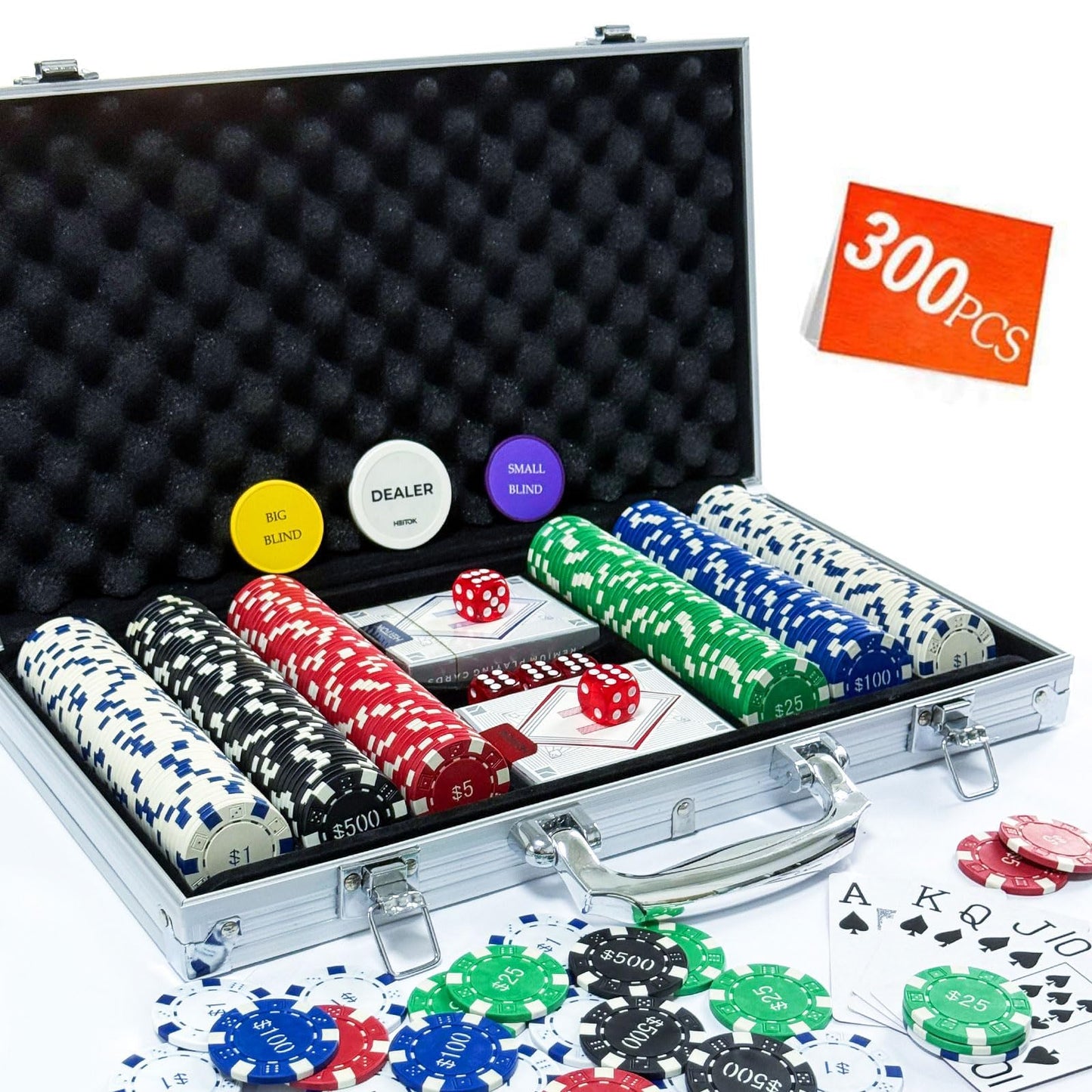 300PCS Poker Chips Set with Denominations, 11.5g Numbered Chips with Case for Texas Hold'em, Blackjack,Card Club or Late Night Poker Games