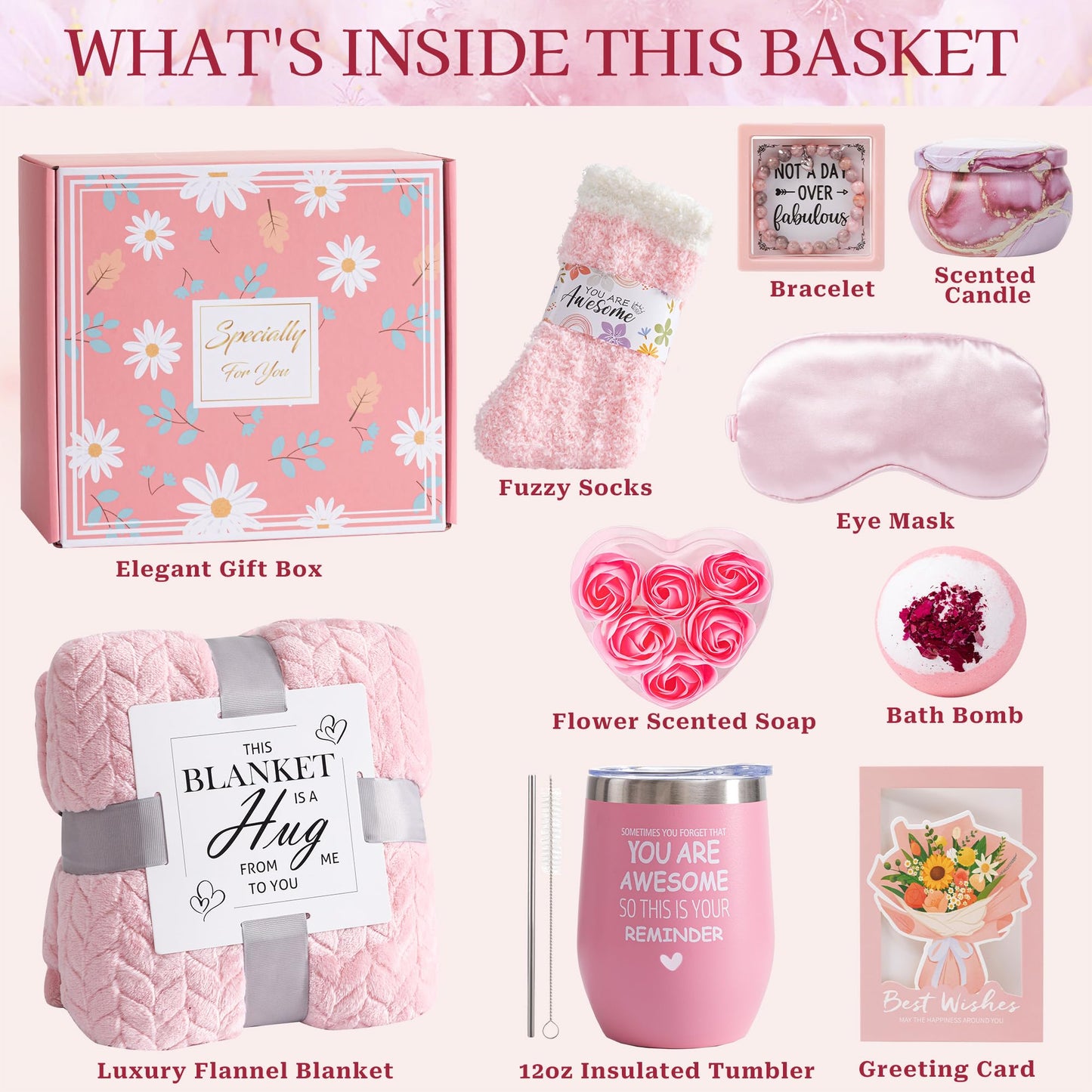 Birthday Gifts Basket for Women,Unique Self Care Relaxation Spa Get Well Soon Gift Box for Her,Thinking of You Set Inspirational Package w/Luxury Blanket,Unique Idea for Mom Sister