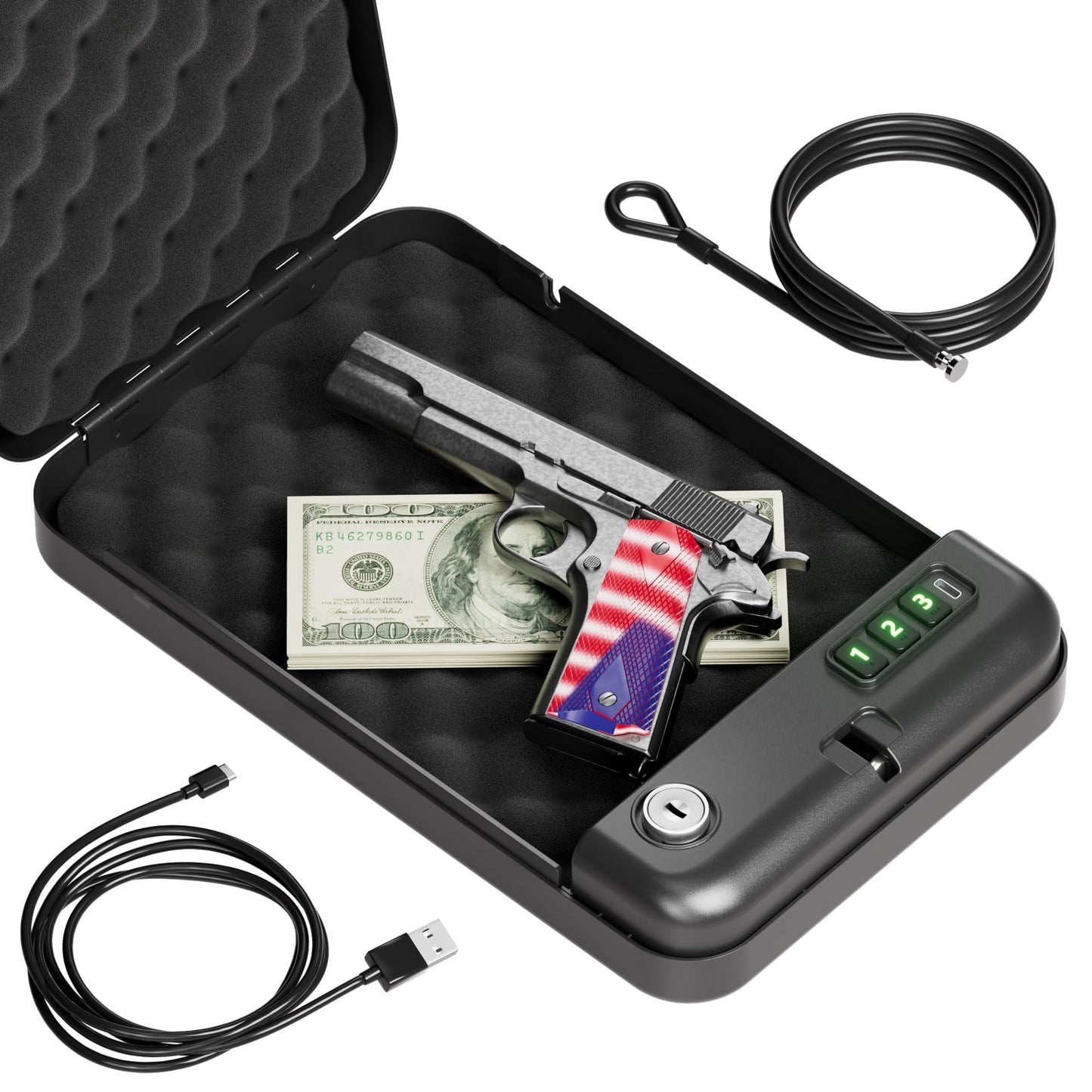 Grimtron Portable Pistol Safes – Electronic Lock Box & Key Access, Silent Mode, Compact Car Gun Safe for Handgun, Small Single Safe for Travel, Office, Dorm Use