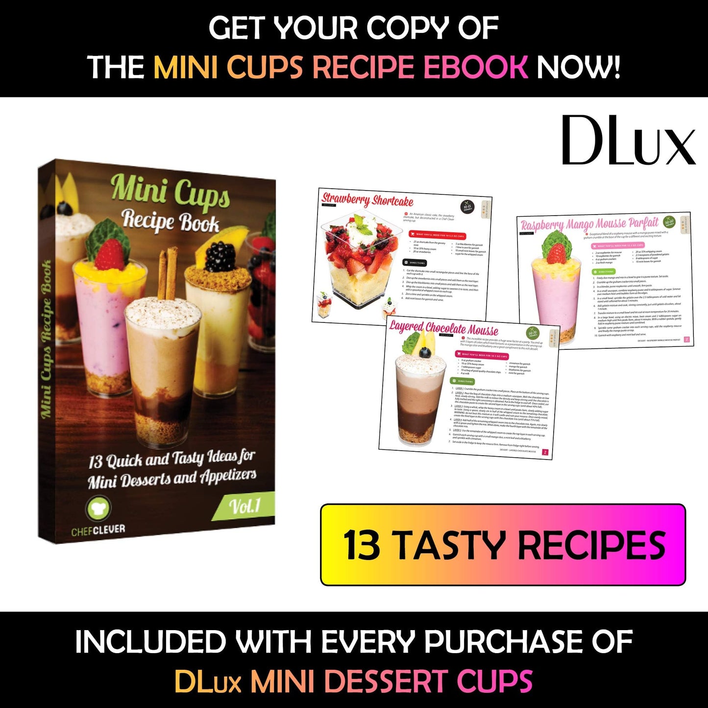 DLux 100 x 3 oz Mini Dessert Cups with Spoons and Lids,Square Tall- Clear Parfait Appetizer Cup Small Reusable Serving Bowl for Party -with Recipe Ebook