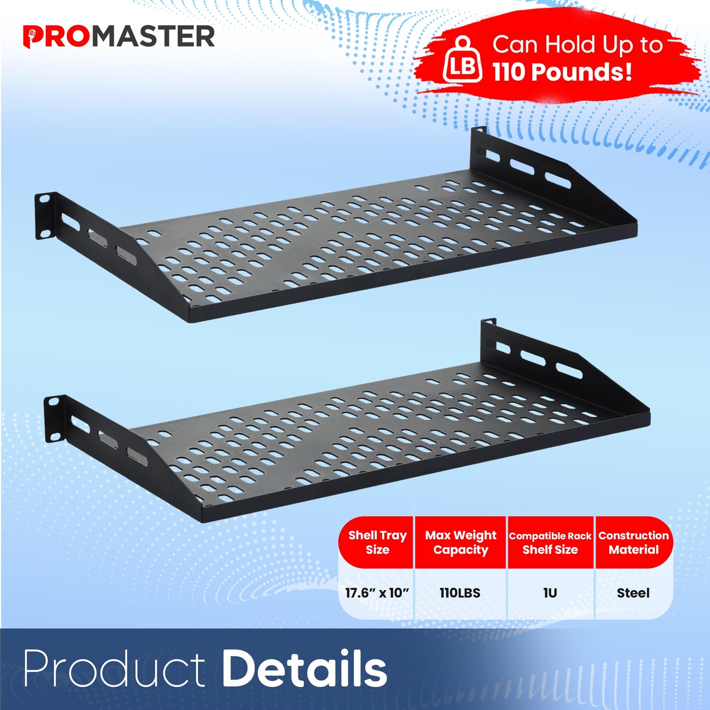 ThePromaster Server Vented Shelf - 2-Pack 19 Inches, 10'' Deep, 1U Universal Integration Server Vented Rack Mounting Tray For Good Airflow, Cantilever Mount, Device and Equipment Wall Mounting - Black