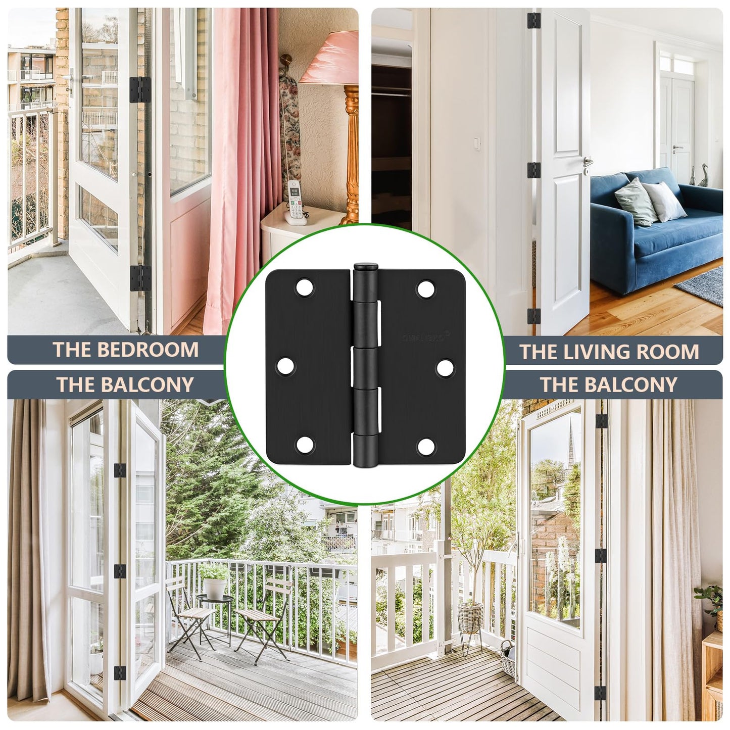 24 Pack 3.5" x 3.5" Black Door Hinges, Matte Black Hinges 3 1/2 Interior Hinges 1/4" Raidus Standard Residential Bedroom Door