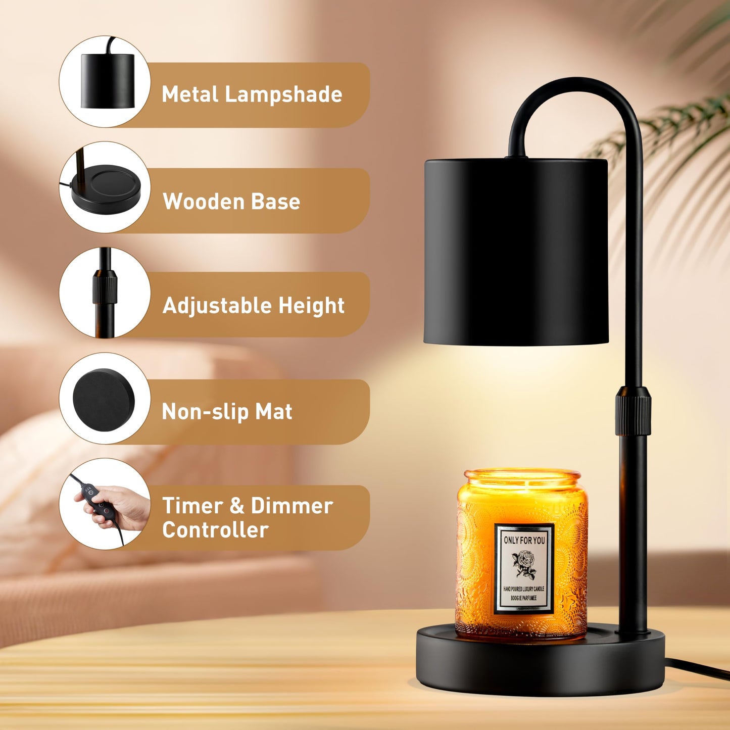 Briever Candle Warmer Lamp with Timer and Dimmer, Electric Candle Lamp Warmer for Jar Candles, Adjustable Height Candle Wax Warmer with 2 Bulbs & Wooden Base, Gifts for Women Home Decor, Black