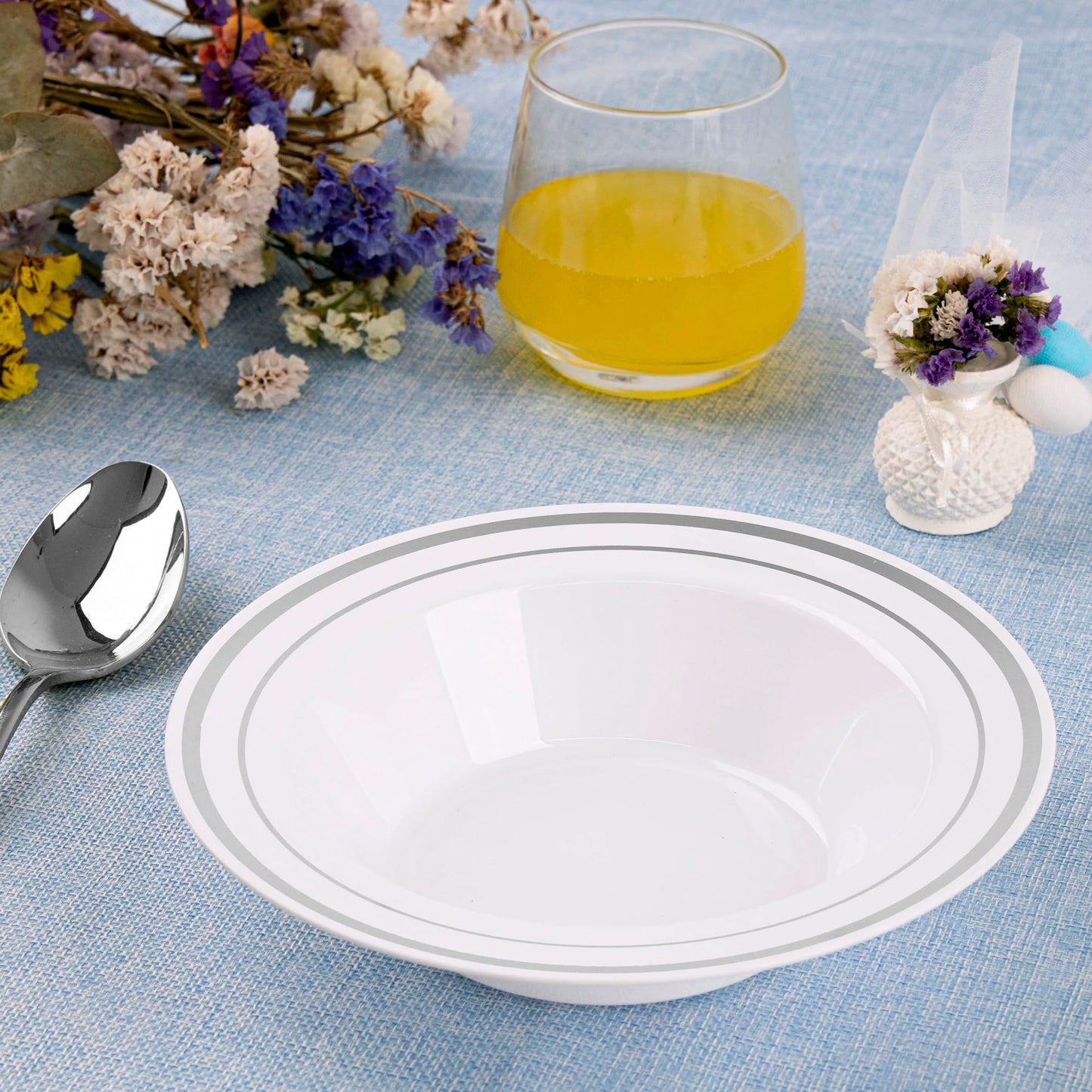 Setup [12 oz. - 50 Piece] Dessert Soup Bowls with Silver Rim, Bowls Disposable - Premium Heavy-Duty Disposable Soup Bowls for Party, Wedding, and All Occasions
