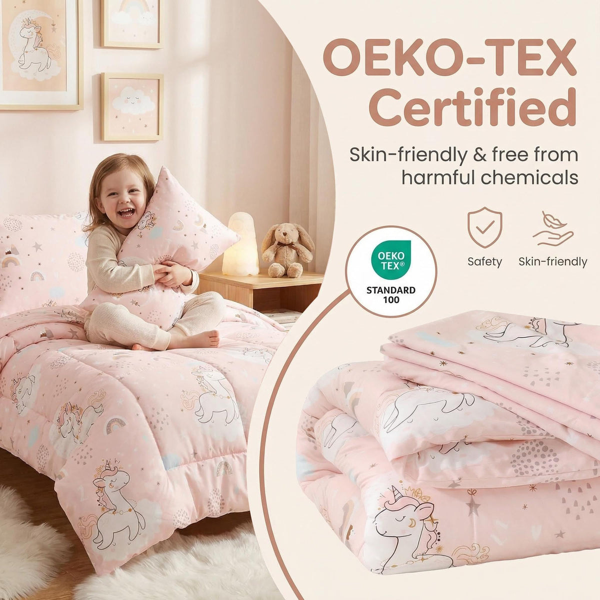JSD Pink Unicorn 4 Piece Toddler Bedding Set, Girls Printed Microfiber Comforter Set, Includes Flat Sheet, Fitted Sheet, Quilted Comforter and Pillowcase