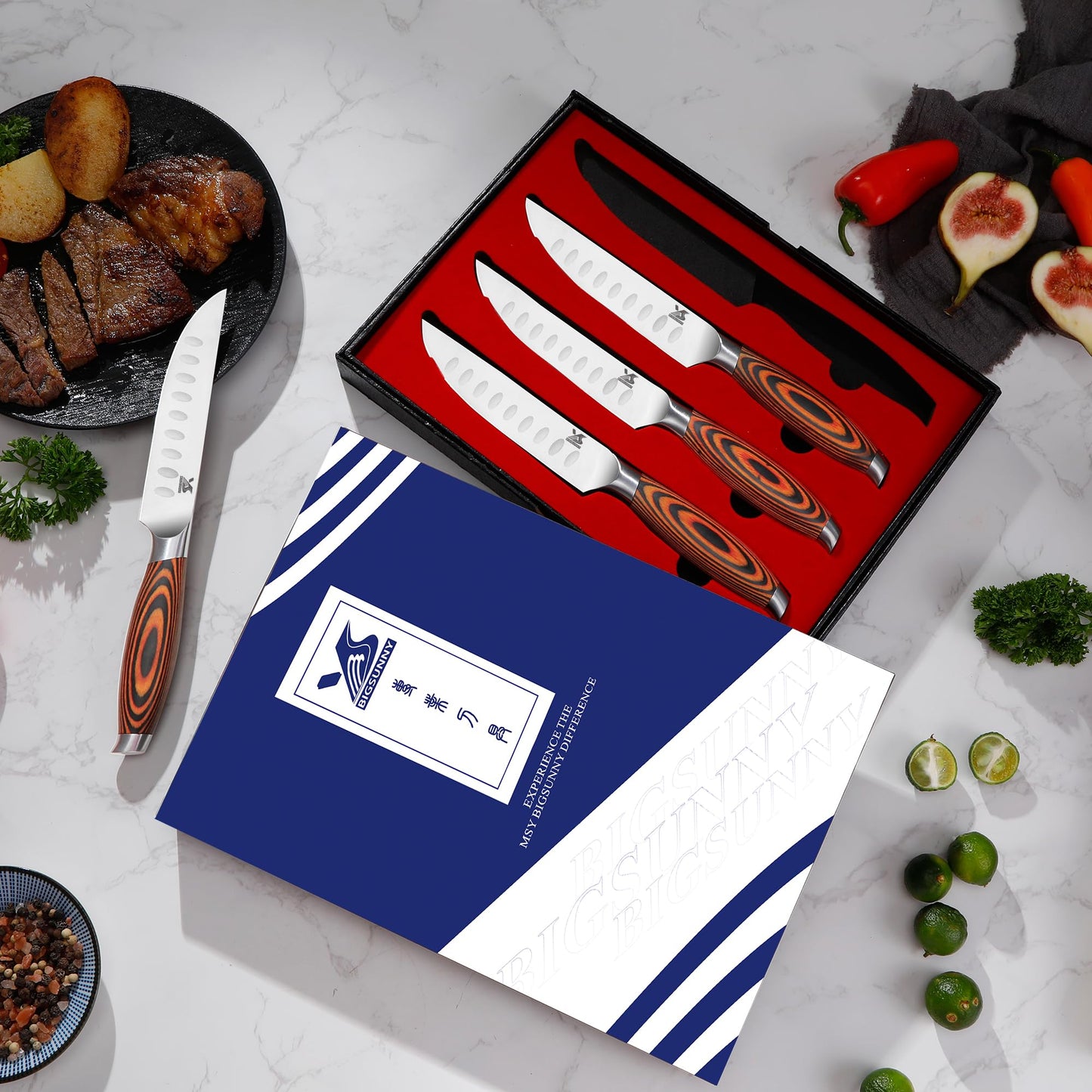 MSY BIGSUNNY Steak Knife Set, 4-Piece, German Steel 5-Inch Blade, Ergonomic Handle Steakhouse Knife Set