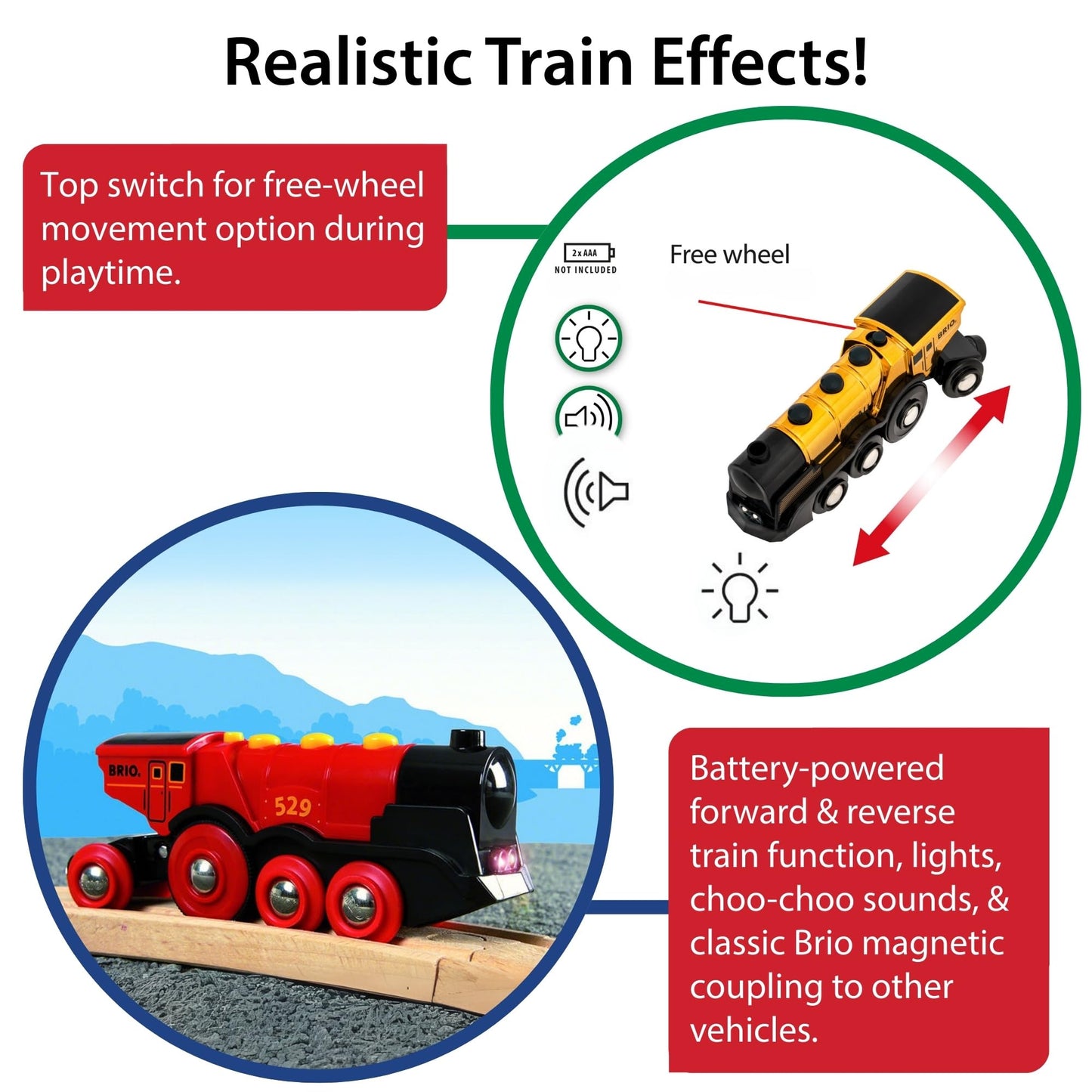 BRIO World 33630 Mighty Golden Action Locomotive | Battery Operated Toy Train with Light and Sound Effects for Kids Age 3 and Up, Gold