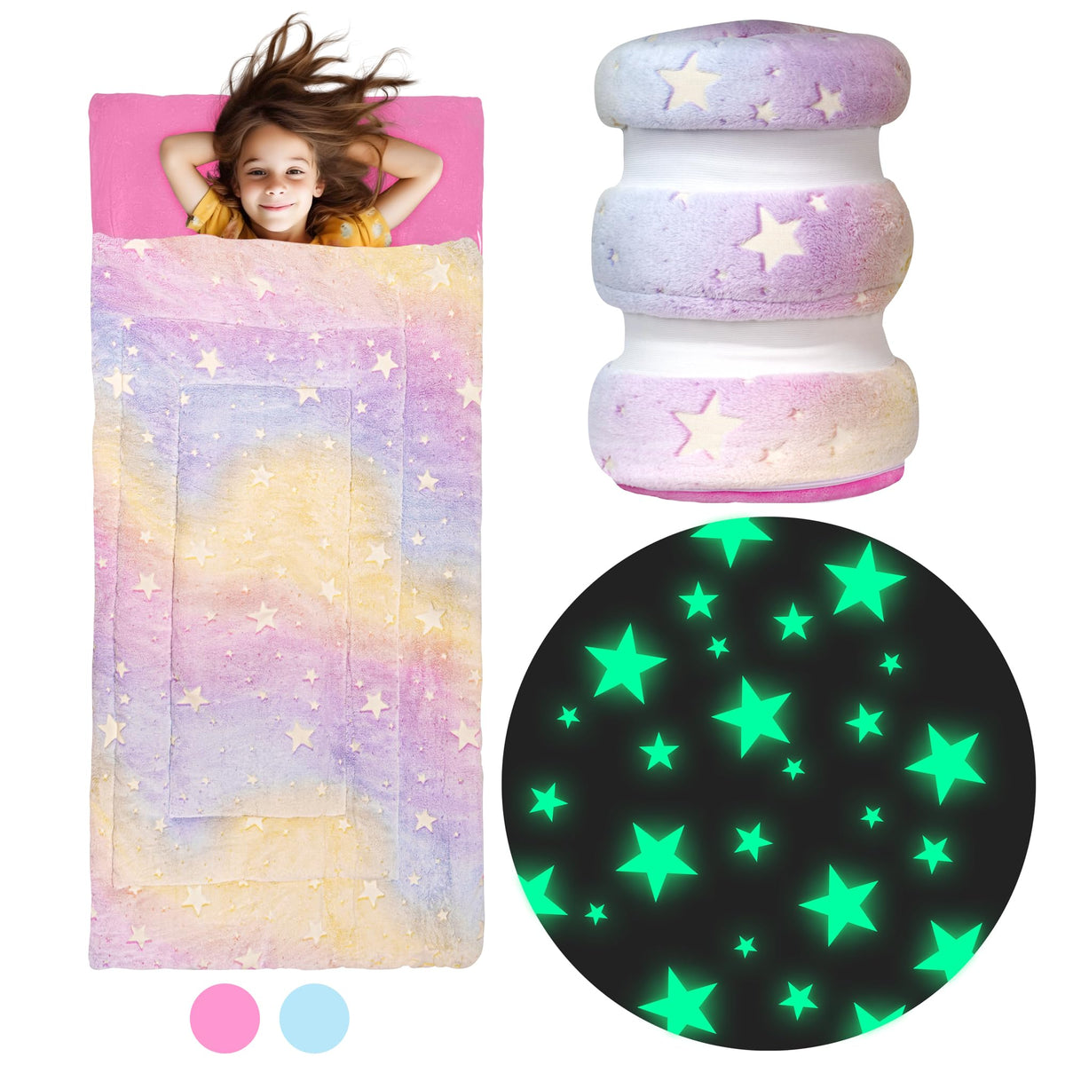 Girls Rainbow & Glowing Stars Sleeping Bag, for Kids and Toddler Ages 3+, Soft with Pillow Pocket - Kids Blanket (66'' x 33'')