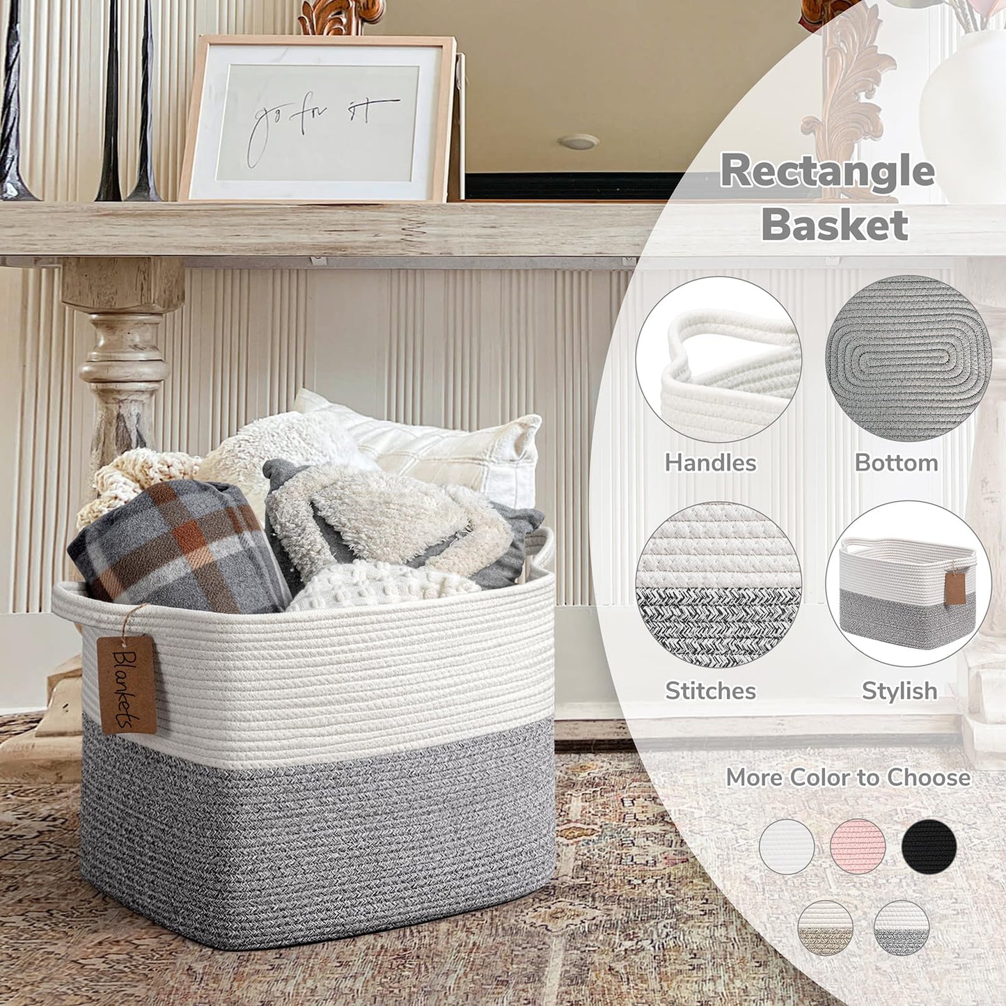 Goodpick Woven Storage Basket, Cotton Rope Baskets with Handles, Toy Baskets Storage Kids, Blanket Basket for Living Room, Bedroom, Light Grey, 18 x 14 x 12 Inches