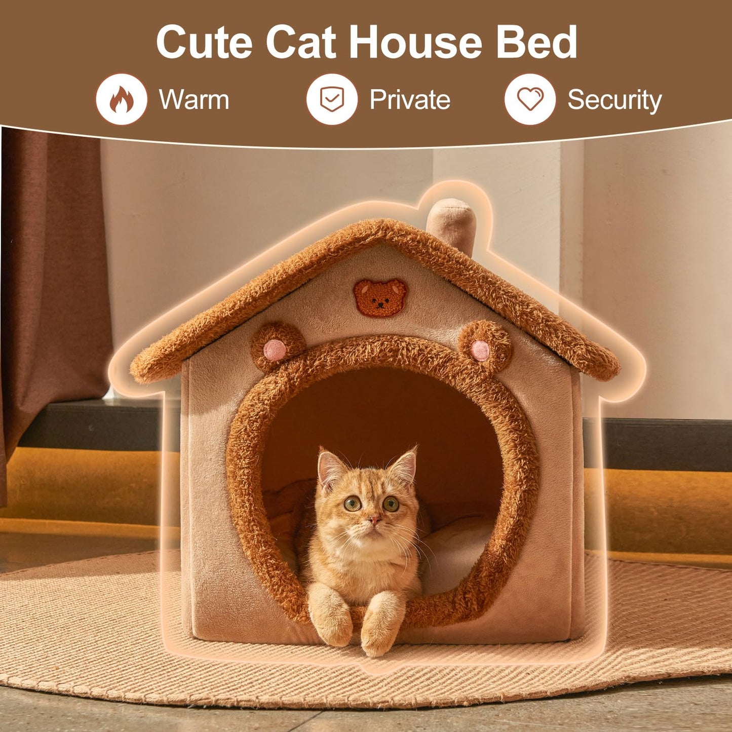 JIUPETY Cute Small Dog House Indoor, Foldable House Kennel Bed Mat with Cushion, L Size Tent Up to 25 Lbs, Dog Cave Bed with Non-Slip Bottom, Brown