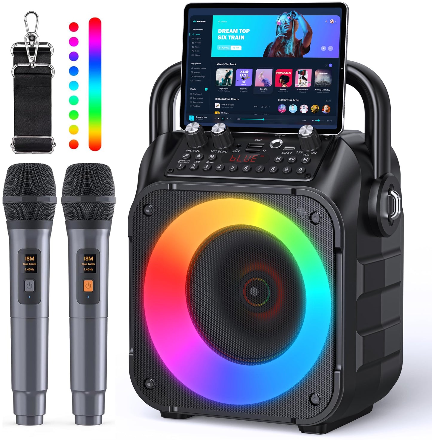 Karaoke Machine, Portable Bluetooth PA Speaker with 2 Wireless Microphones for Adults & Kids with Lights, Karaoke Microphone with PA System Supports USB/TF/FM/AUX for Home Party(No Screen Included)