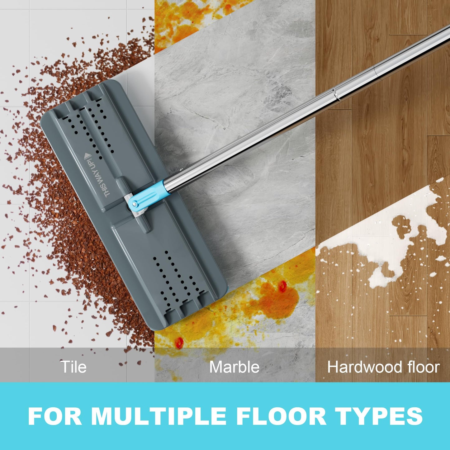 JOYMOOP Mop and Bucket Set with Wringer, with 5 Reusable Microfiber Mop Pads, mops for Floor Cleaning and Wall Cleaning, Hands-Free Flat mop for Home use - Grey+Cyan Blue