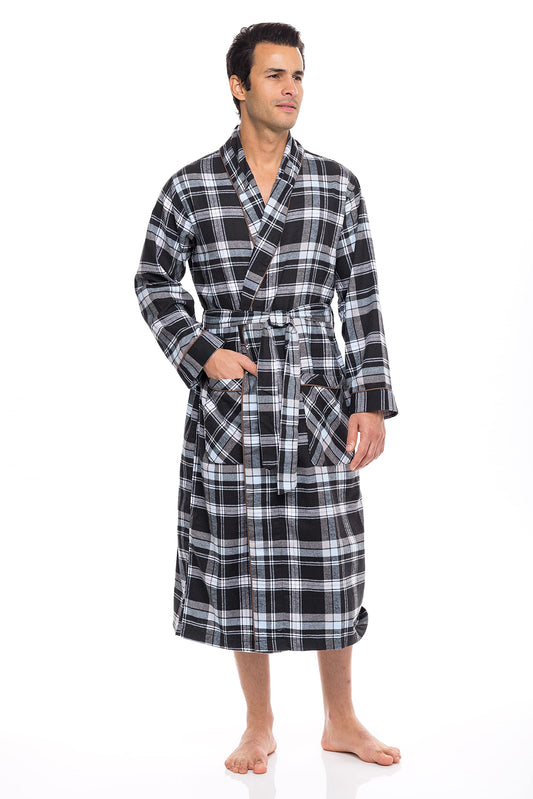 AMERICAN HEAVEN Men's Flannel Fleece Robe | Soft Cotton Shawl Collar Full Length Plaid Robe, Black/Blue Plaid, Small-Medium