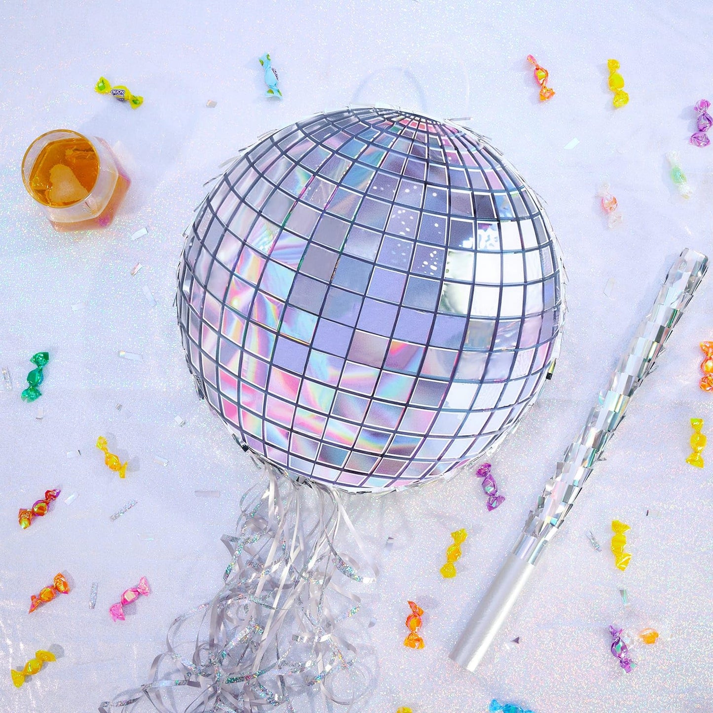WERNNSAI Disco Party Pinata - Silver Disco Ball Pinata with Blindfold and Stick Hip Hop 80s 90s Retro Dance Disco Party Decoration Supplies for Birthday Wedding New Year Decorations