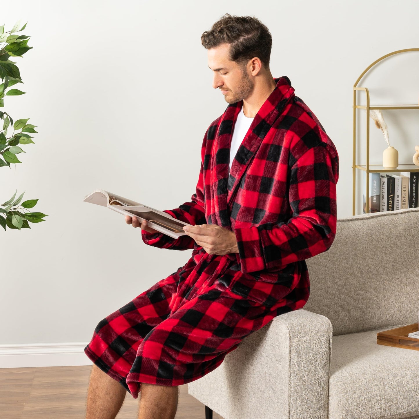 PAVILIA Mens Soft Robe | Warm Fleece Robes for Men, Soft Spa Bathrobe with Shawl Collar and Pockets, Plaid Red, Large-X-Large