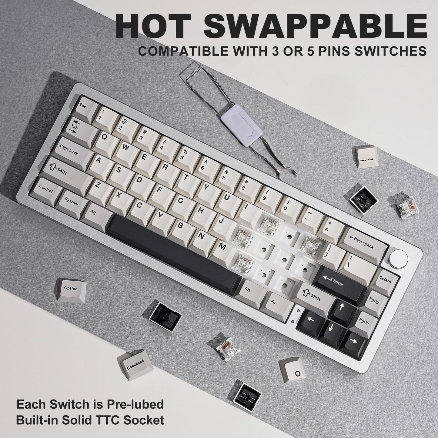 YUNZII AL66 Wireless Mechanical Keyboard,65% Knob Control Aluminum Gaming Keyboard Bluetooth/2.4G/Wired Hot Swappable Pre-lubed Switches, Gasket Mounted RGB Keyboard for Win/Mac(Milk Switch, Silver)