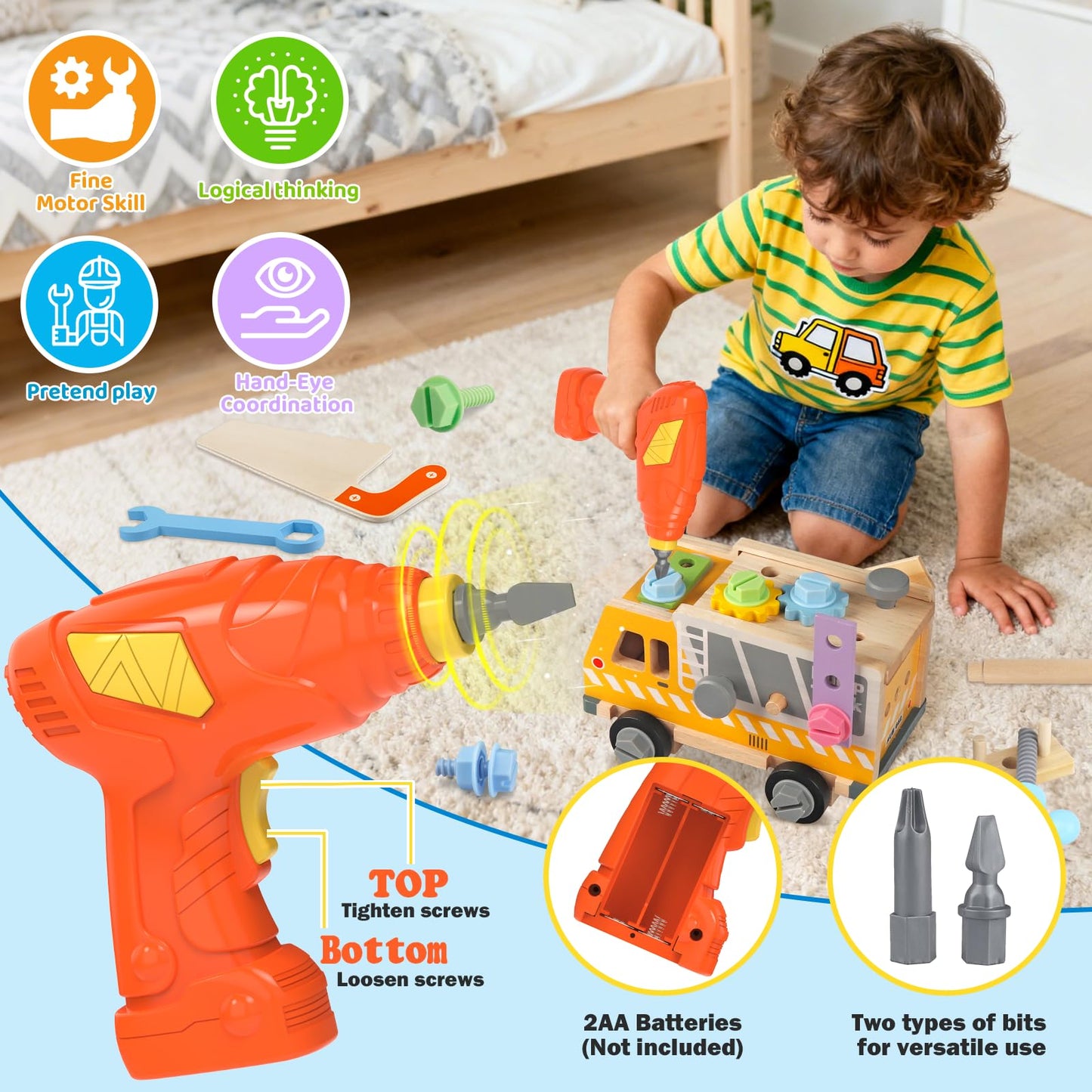 Rincalivestra Montessori Toys for 2+ Wooden Kids Tool Truck Set with Drill for Toddlers 2 3 4 5 6-40PCS STEM Educational Learning Toys Birthday Gift for 2-5 Year Old Boys & Girls