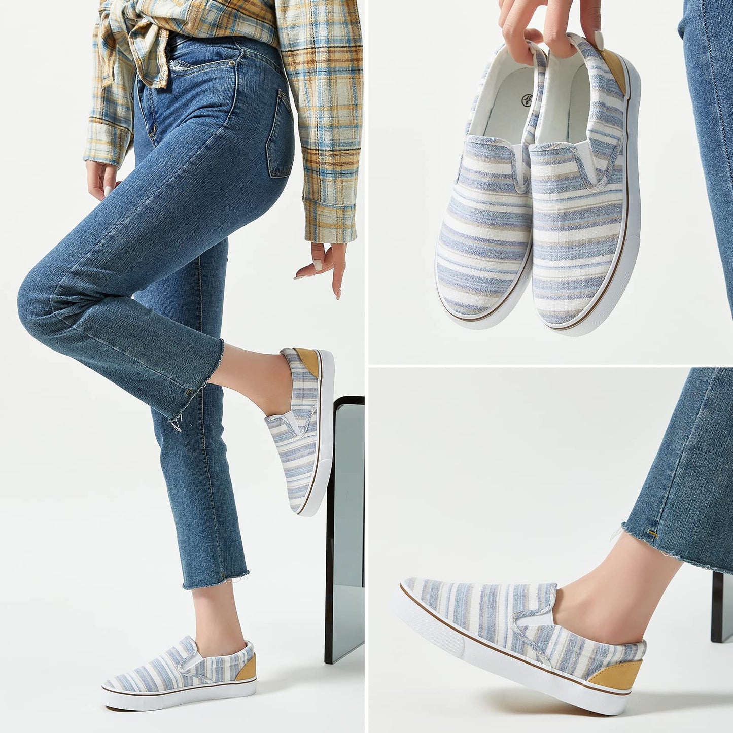 Women's Slip on Shoes Canvas Sneakers Loafers Non Slip Shoes Low Top Casual Shoes, Light Blue Stripes, 7.5