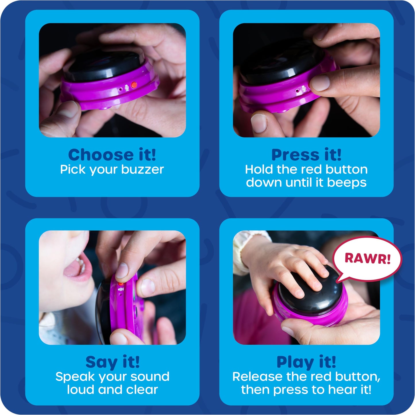 Learning-Resources-Recordable-Answer-Buzzers Set-of-4,-Ages-3+-|-Pre-K-Personalized-Sound-Buzzer,-Recordable-Buttons,-Game-Show-Buzzers,-Perfect-for-Family-Game-and-Trivia-Nights,-Dog-Buttons-for-Communications