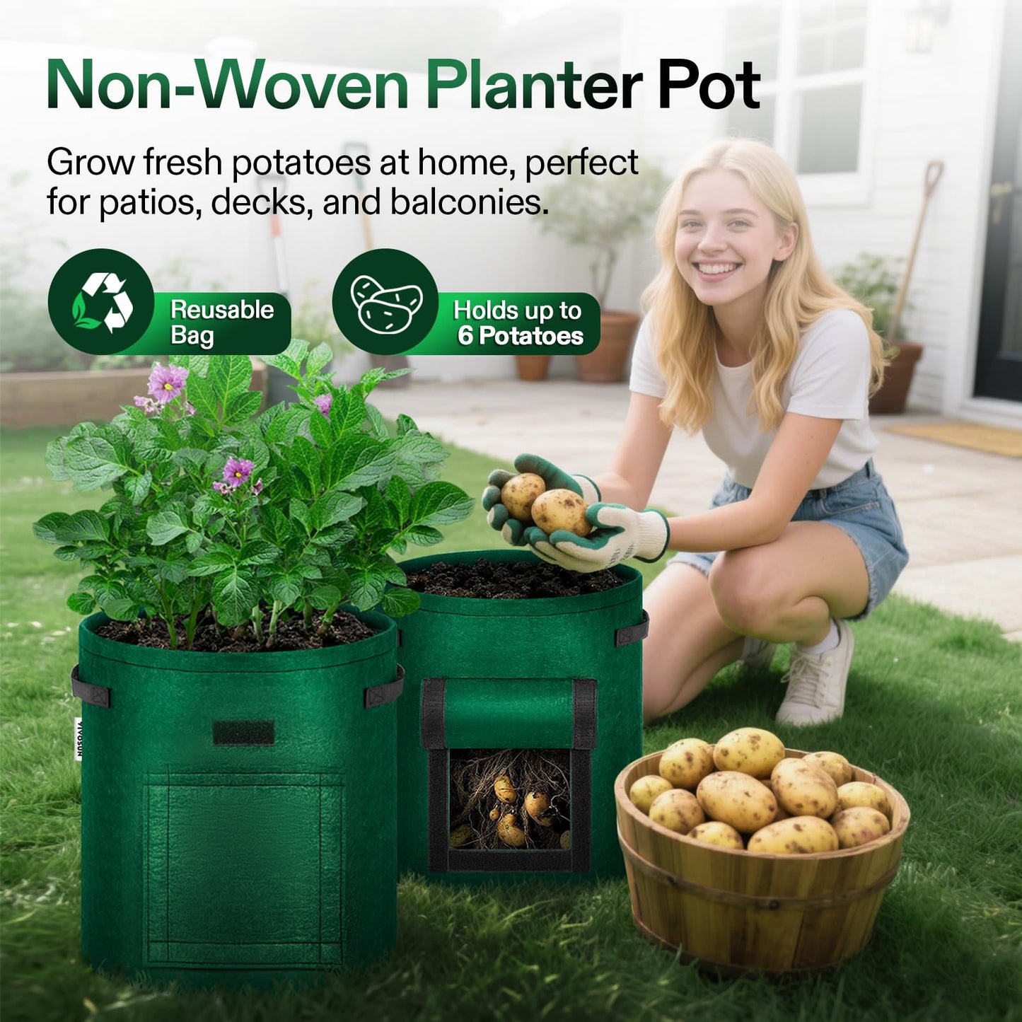 VIVOSUN 5-Pack 7 Gallon Potato Grow Bags with Handles, Non-Woven Fabric Bags for Carrots Tomato