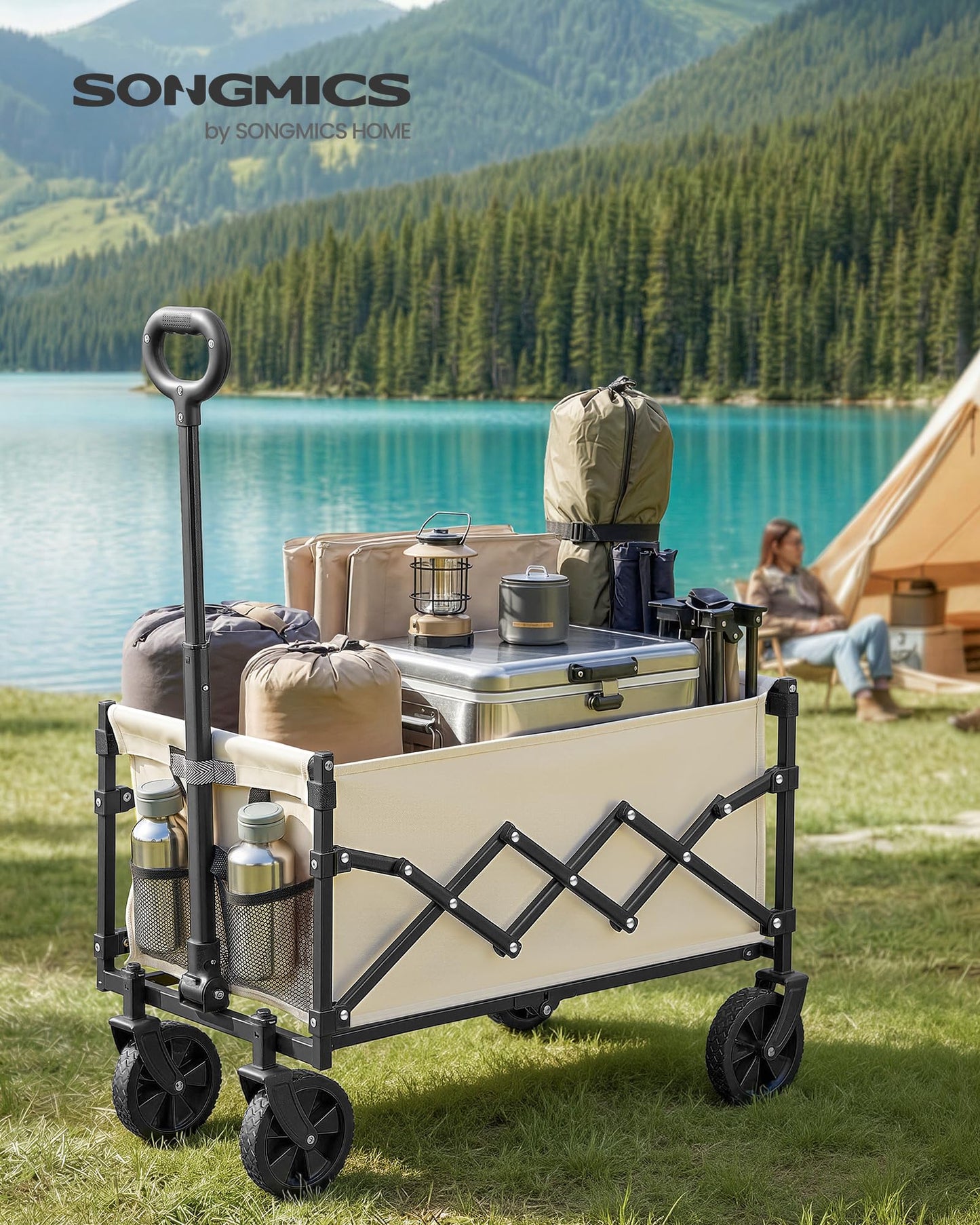 SONGMICS Collapsible Wagon, Foldable Wagon Cart, Folding Camp Cart with Wheels, for Outdoor, Yard, 180 kg Dynamic Weight Capacity, 90 L, Sand Beige UGFW909LF01