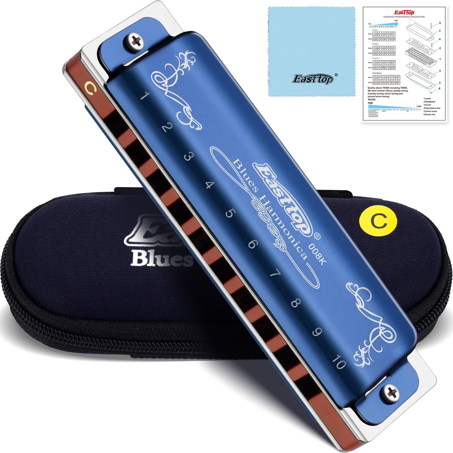East top Harmonica C, Blues Harmonica Key of C 10 Hole 20 Tone Blues Mouth Organ Diatonic Harmonica Adult Musical Instrument for Professional Player, Beginner, Students (Blue)