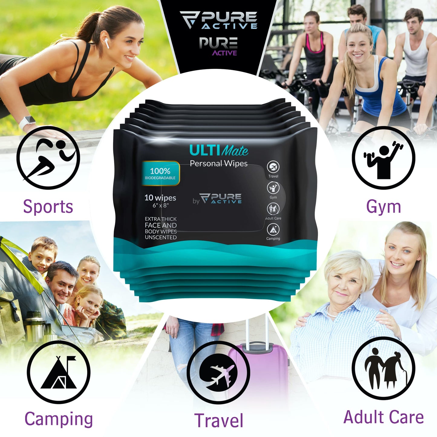 Pure Active Ultimate Shower Body and Face Wipes, Biodegradable Personal Hygiene Body Cleansing Wipes for Men,Women for After Gym Travel Camping Adult Bathing Wipes (120 Wipes 6''x8'', Unscented)