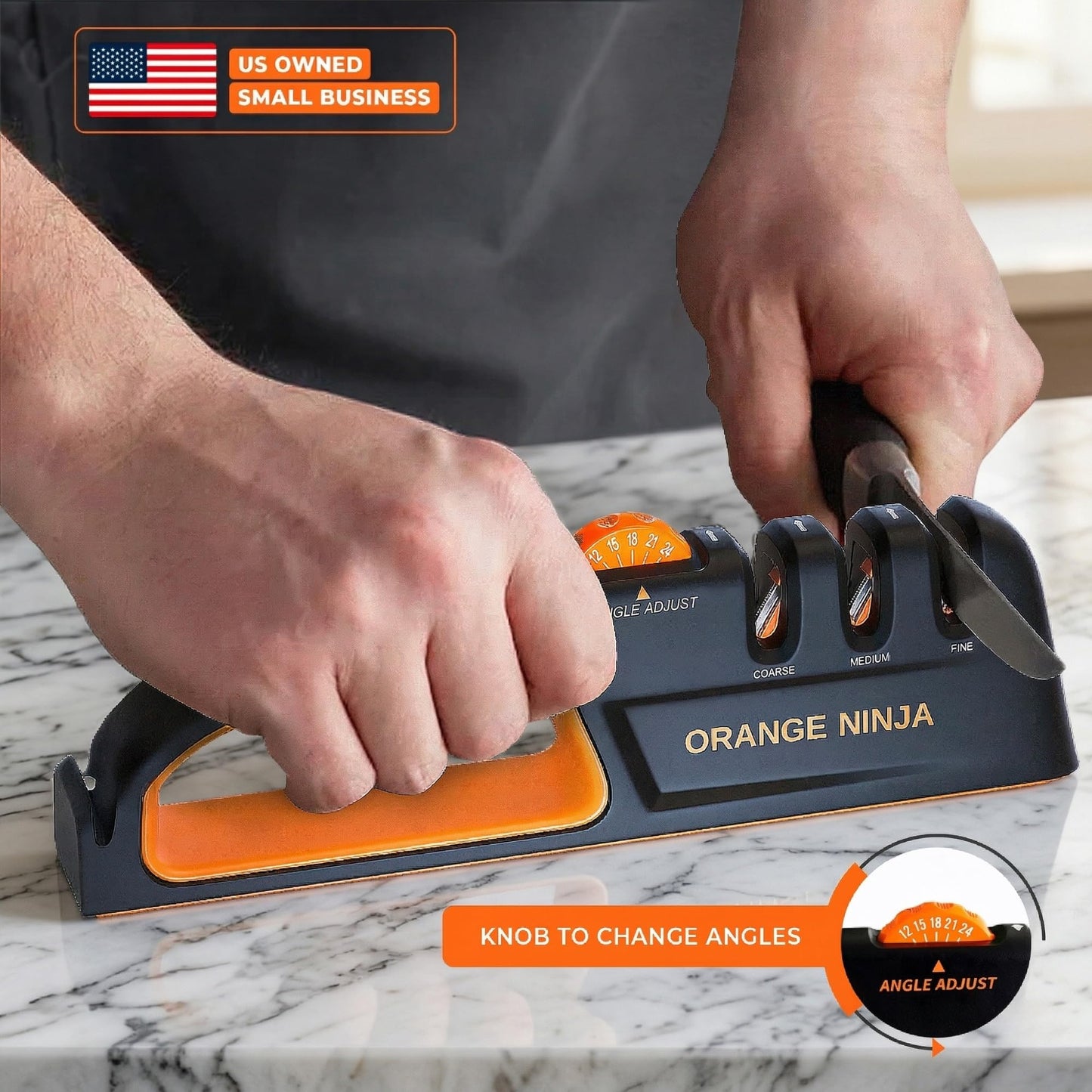 Orange Ninja Knife Sharpeners - 5 Adjustable Sharpening Angle- Premium Quality Kitchen Knife Sharpener - Handheld Knife Sharpeners for Kitchen Knives Sharpener by Sharp Pebble