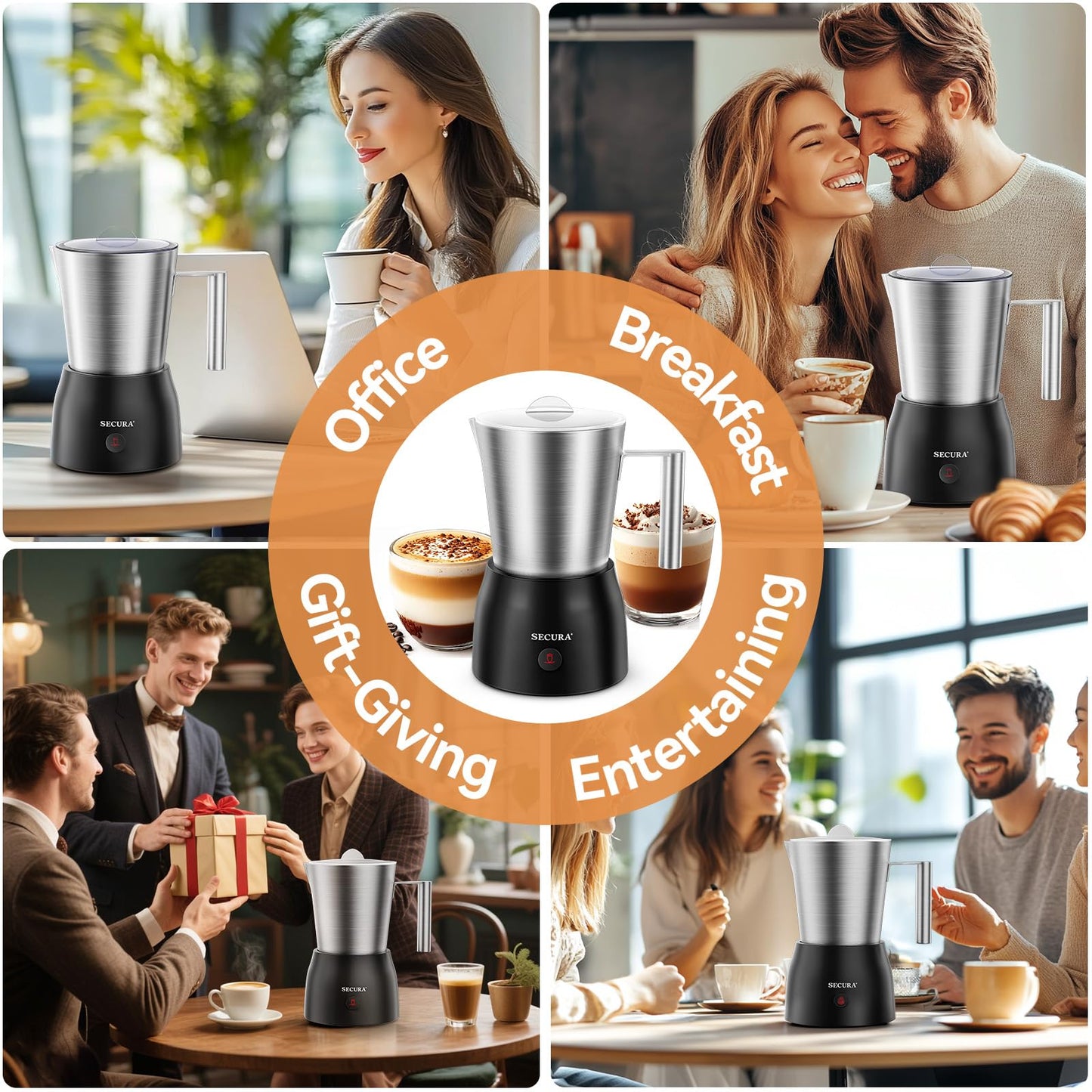 Secura Detachable Milk Frother, 17oz Electric Milk Steamer Stainless Steel, Automatic Hot/Cold Foam and Hot Chocolate Maker with Dishwasher Safe, 8.45 oz, 120V