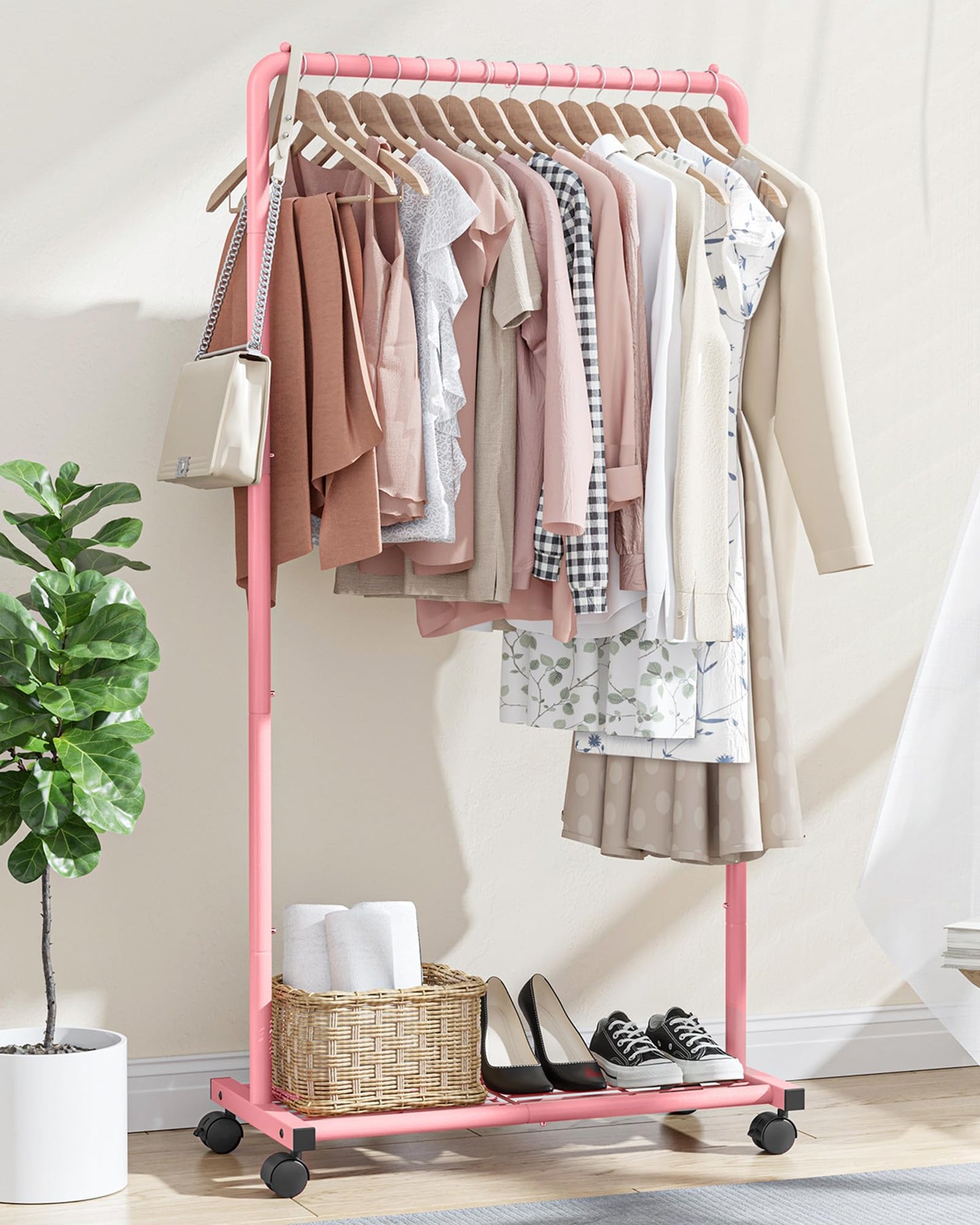 Sakugi Clothing Rack - Movable Multi-Functional Coat Rack with 4 Universal Wheels, Long-Lasting Metal Clothes Rack with Extra Storage Shelf for Bedroom, Office, Laundry(Pink, 73W x 43.5D x 150H cm)