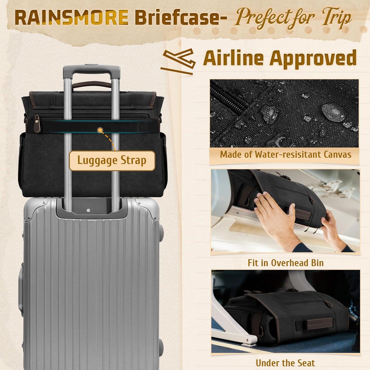 RAINSMORE Canvas Messenger Bag Men 17-17.3 Inch Laptop Bag Computer Briefcase Water Resistant Satchel Bag for Men Work Office
