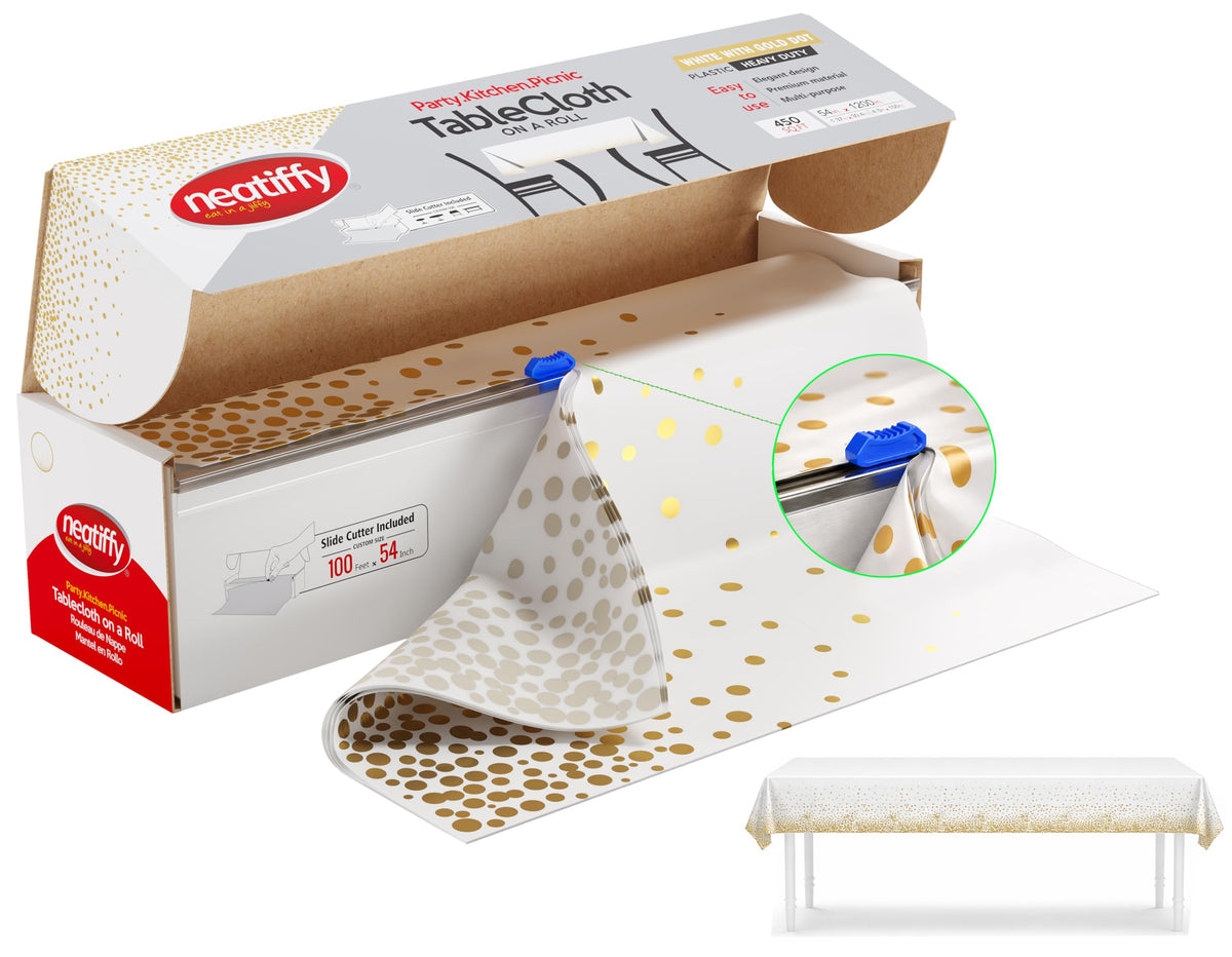 Neatiffy Disposable Plastic Table Cloth Roll | Waterproof Tablecloth | Table Cover for Rectangle, Square, Round Oval Tables | Picnic, Party, Banquet, Birthdays, Weddings (White with Golden dots)