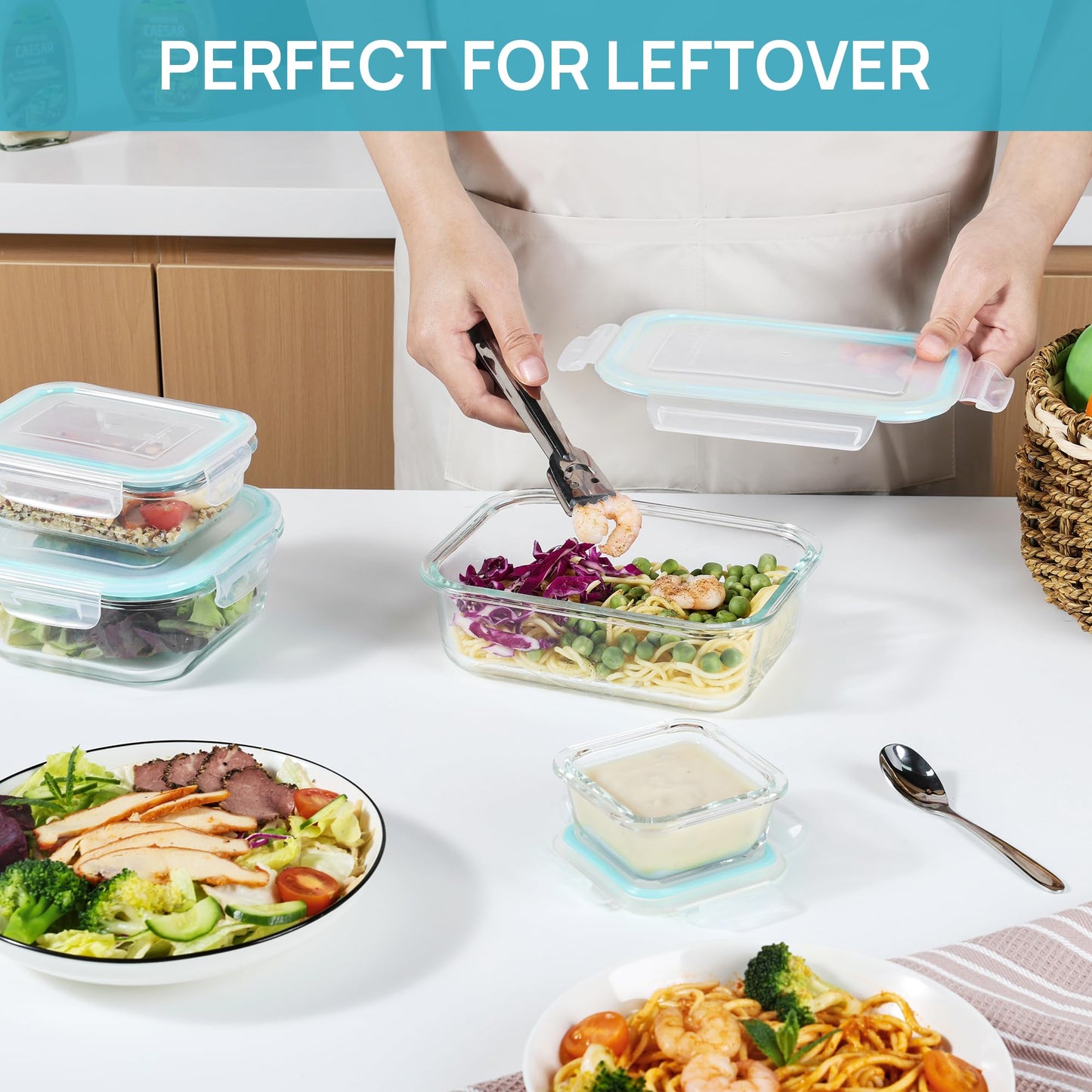 Vtopmart 15 Pack Glass Food Storage Containers, Meal Prep Containers with Lids, Airtight Glass Bento Boxes with Leak Proof Locking Lids, for Microwave, Oven, Freezer and Dishwasher, Green