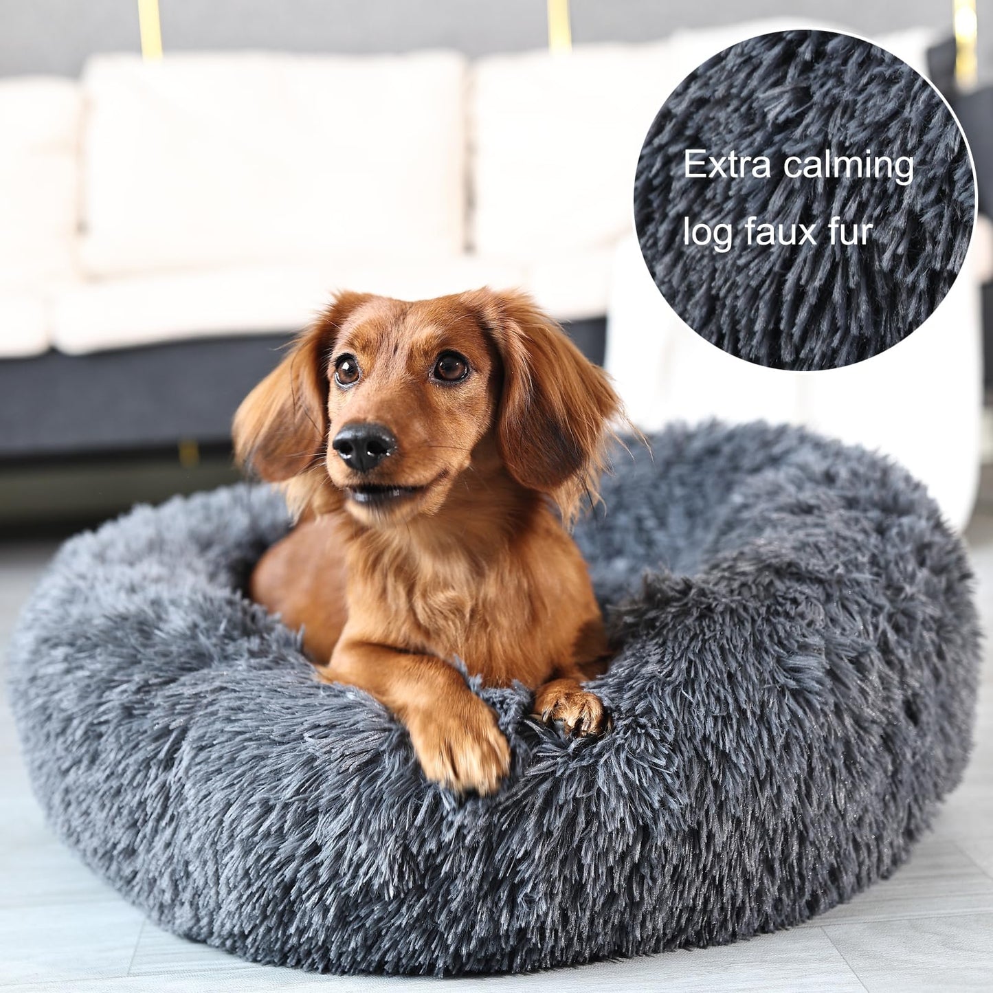Round Calming Dog Beds for Medium Dogs 30 Inches Anti-Slip Donut Washable Plush Faux Fur Pet Bed fits up to 45 lbs Pets,Dark Gray