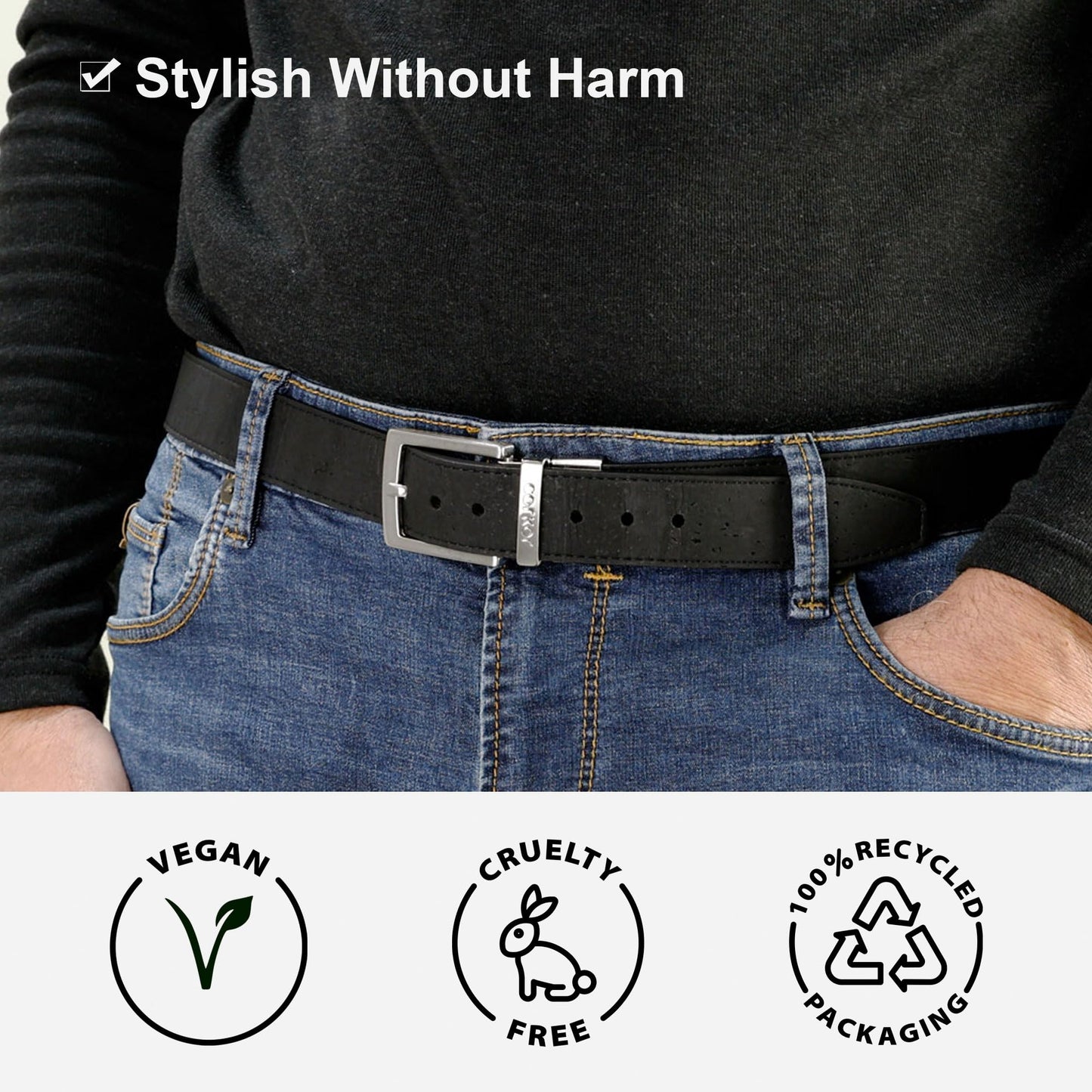 Corkor Reversible Men's Cork Belt - Vegan Leather Dress Belts – Men Belt - Cruelty Free Eco Friendly Brown Black 30mm Wide, Brown Or Black, 38" - (Fits waist 35-38") - L