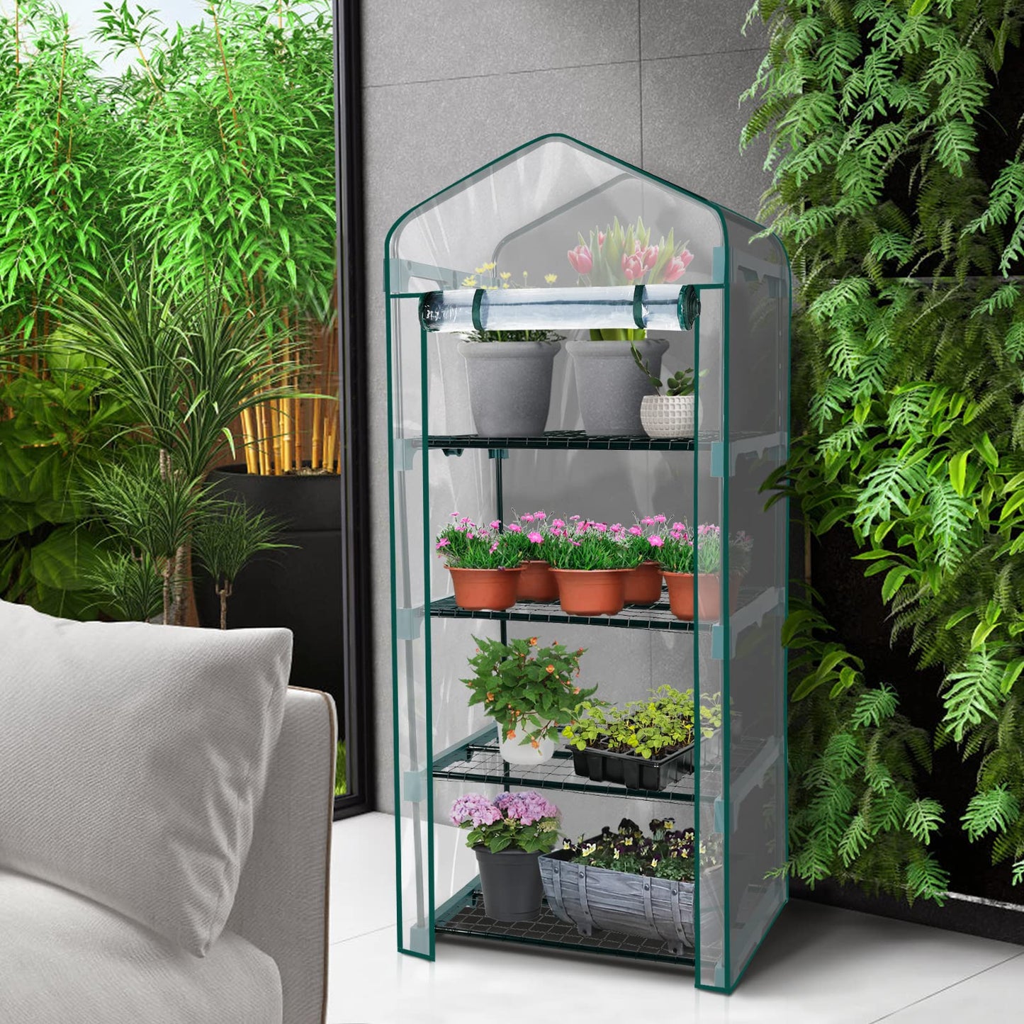 #G303A00-US Solution4Patio 4-Tier Garden Mini Greenhouse Portable for Indoor/Outdoor, Pequeño invernadero, Transparent PVC Thick Cover, Heavy Duty Frame, Double Zipper, 27 in. W x 19 in. D x 63 in. H