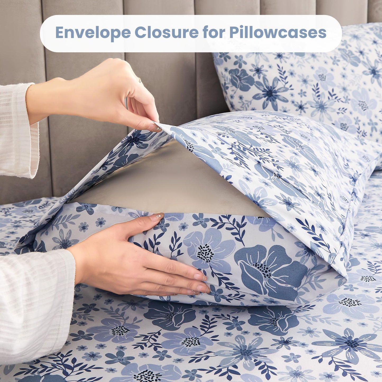 Mooreeke Floral Queen Sheets, Soft Breathable Microfiber Vintage Printed Bed Sheet Set, Deep Pocket Non-Slip Fitted Sheet Included, Blue Flower Pattern