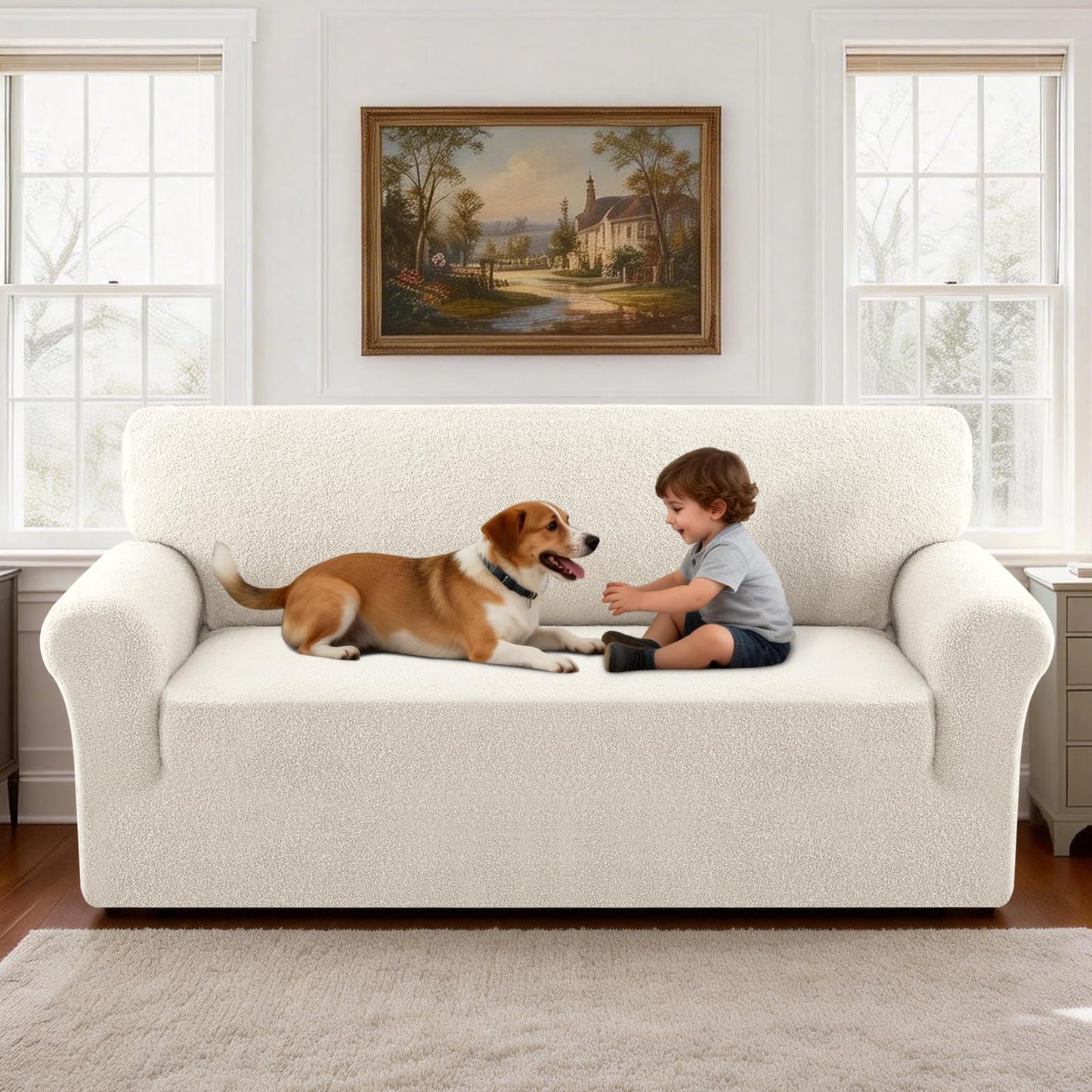 Turquoize Teddy Fleece Sofa Covers with Waterproof Seat Couch Cover 1 Piece Stretch Sofa Slipcover with Elastic Bottom Furniture Protector for Kids, Pets, Dog 3 seat (Seat Width 58"-66"), Cream