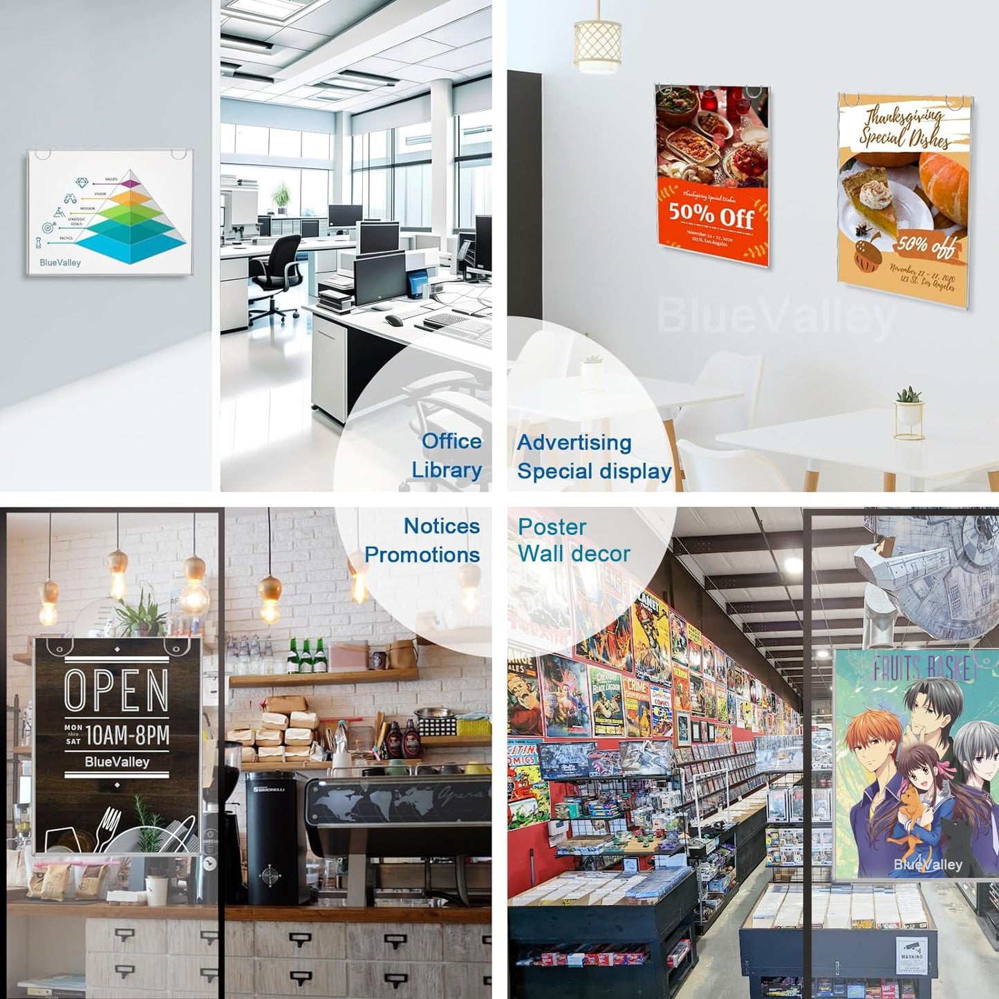 BlueValley Clear Acrylic Sign Holder 8.5x11" Wall Mount, 6 Pack Vertical Wall Document Brochure Menu Signs Holder with Mounting Sticker & Screw, Frameless A4 Poster Picture Frame for Door Wall Hanging Display Flyer Ad