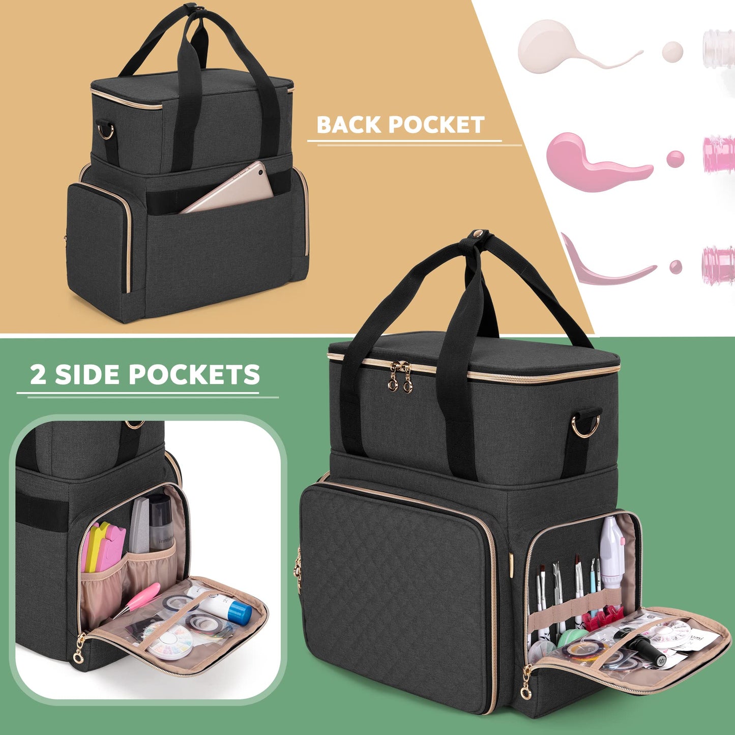 Luxja Nail Polish Organizer Holds 70 Bottles and a Nail Lamp, Nail Polish Case with 2 Removable Bags and Tools Storage Pockets (Patented Design), Black
