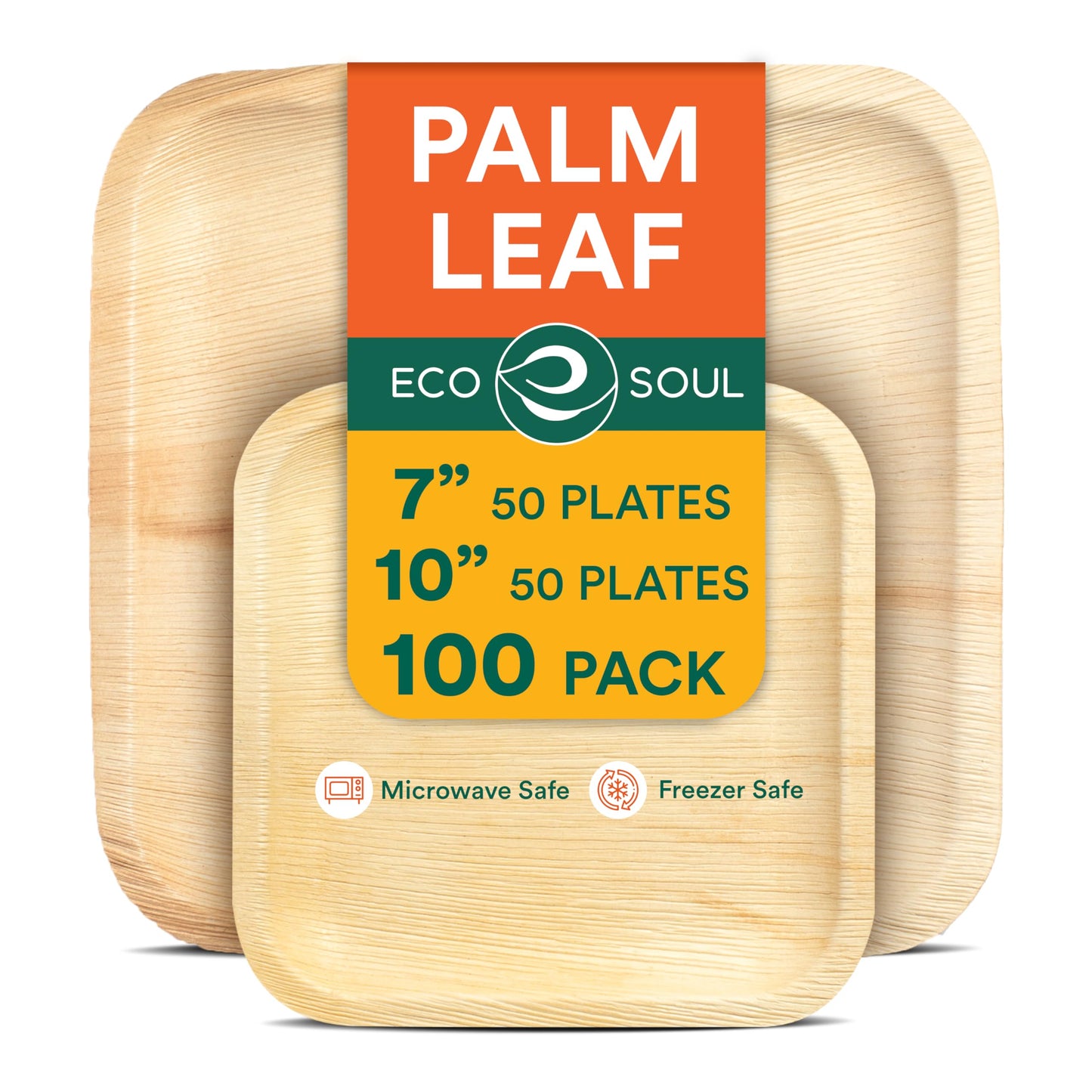 ECO SOUL 100% Compostable 10 Inch & 7 Inch Palm Leaf Plates [50-Pack] I Premium Disposable Plates Set I Heavy Duty Eco-Friendly Bamboo Plates Like I Biodegradable Party Plates Pack (100)