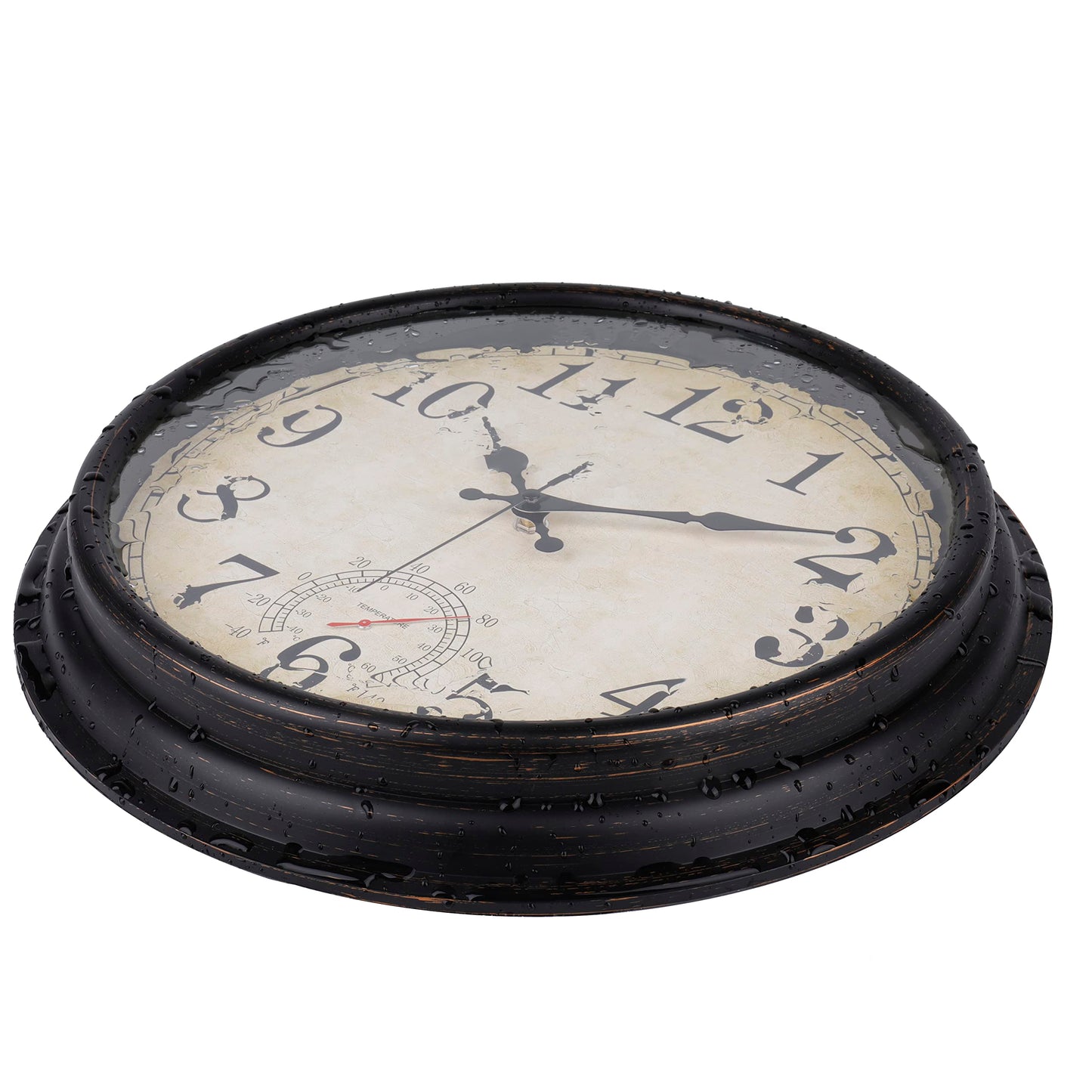 Outdoor Clock 16 Inch Large Wall Clocks Waterproof with Thermometer for Living Room Patio Pool Garden (Bronze)