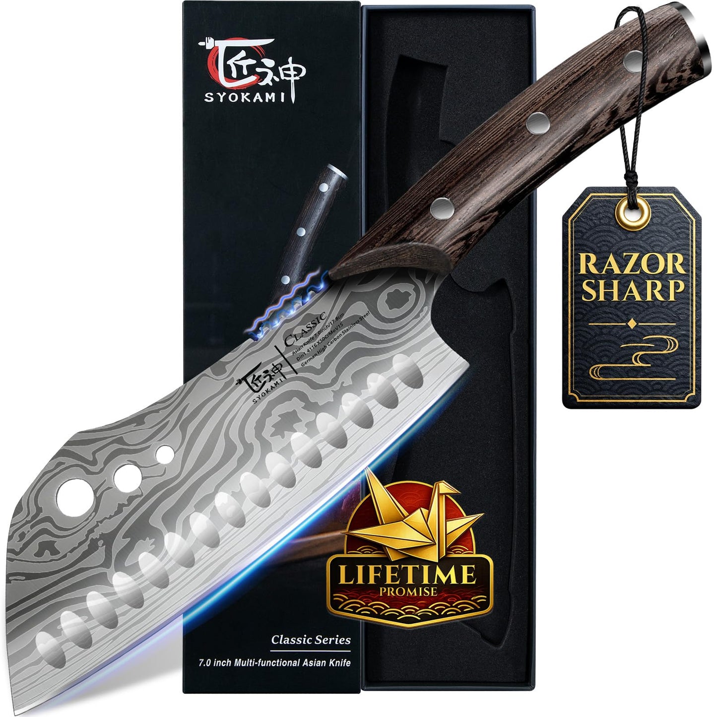 SYOKAMI 3-in-1 Kitchen Knife with Herb Stripper, 7" Asian Knife Combined with Chef Knife, Santoku, Nakiri, Ideal for All-Around Food Preparation—Slicing, Chopping, Dicing, Mincing, Thanksgiving Gifts