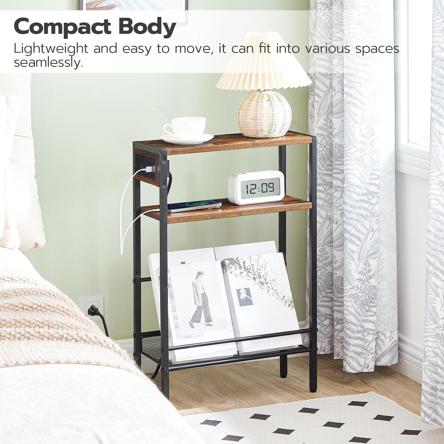 HOOBRO Narrow End Table, Side Table with Charging Station, 3-Tier Nightstand, Bedside Table with Protective Rails, for Small Space, Living Room, Bedroom, Office, Rustic Brown and Black BF102UBZ01