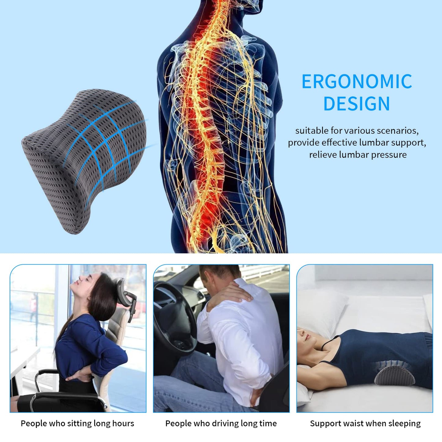 Lumbar Pillow, FOUSUPDT Memory Foam Lumbar Support Pillow for Office Chair and Car Seat, Back Support Pillow for Lower Back Pain Relief, Support Cushion Back Pillow for Sleeping, Driving(Grey)