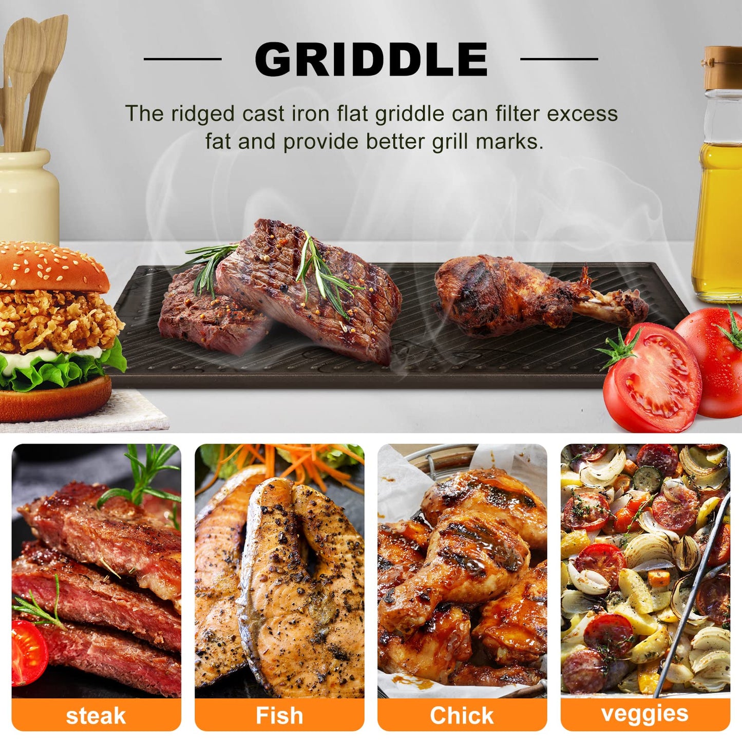 Utheer 16.45'' x 9.45'' Cast Iron Griddle, Nonstick Reversible Griddle for Gas Grill, Cast Iron Griddle Plate for Gas Stove Top, Oven, Outdoor Grill or Campfire, 1 Piece